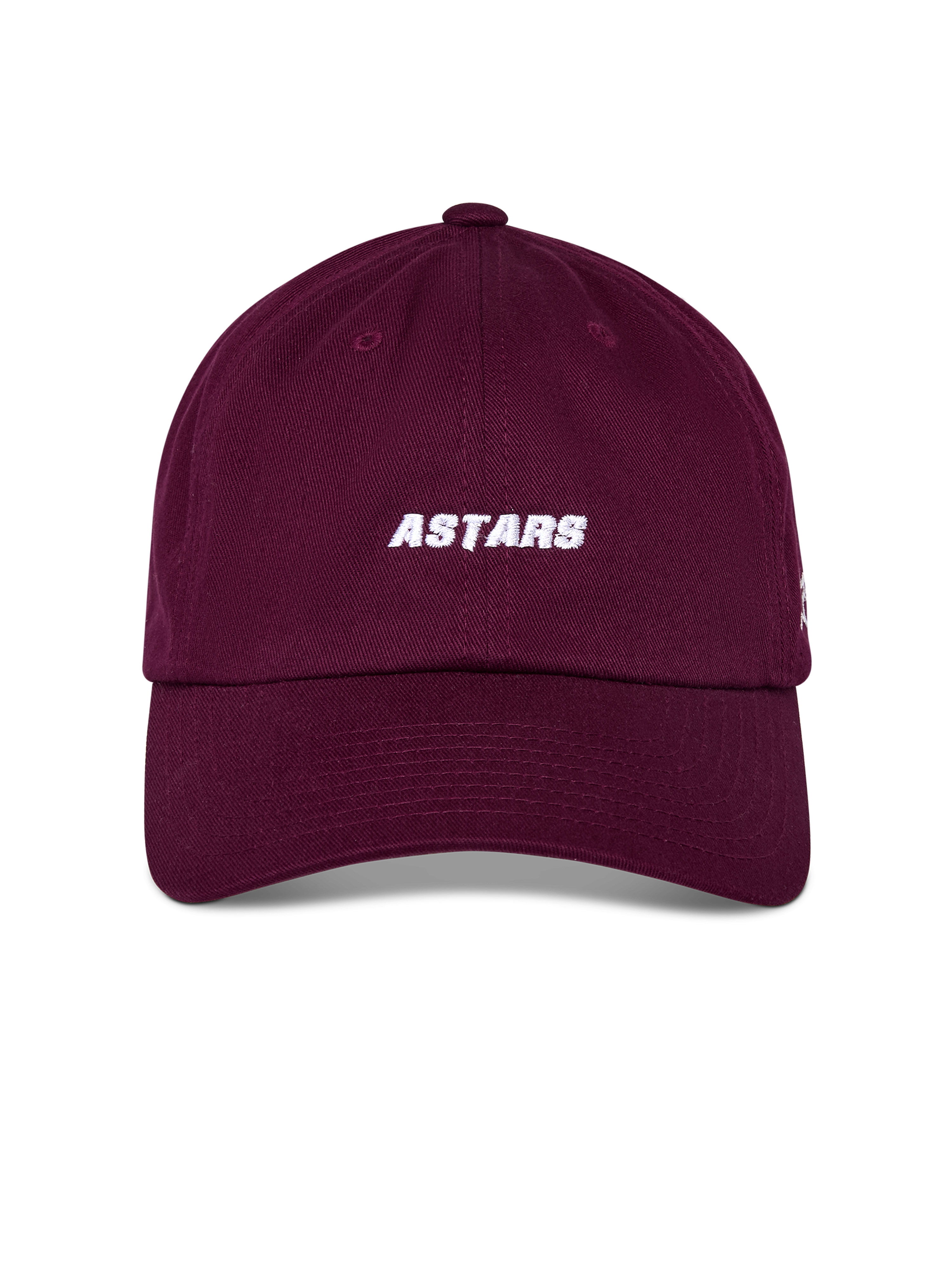Gorra Alpinestars Deduce Strapback, color granate, bordado blanco frontal ASTARS, visera curva con corona baja no estructurada, accesorio de estilo deportivo casual