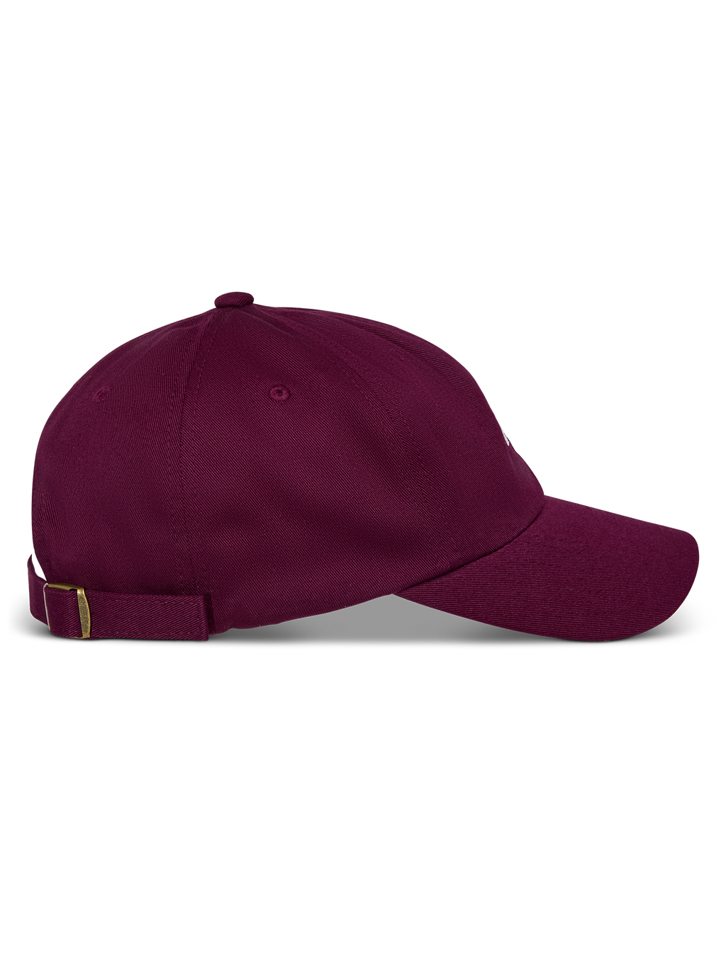 Gorra Alpinestars Deduce Strapback, color granate, vista lateral, visera curva con corona baja no estructurada, correa trasera ajustable de tela con hebilla metálica, estilo deportivo casual de sarga de algodón