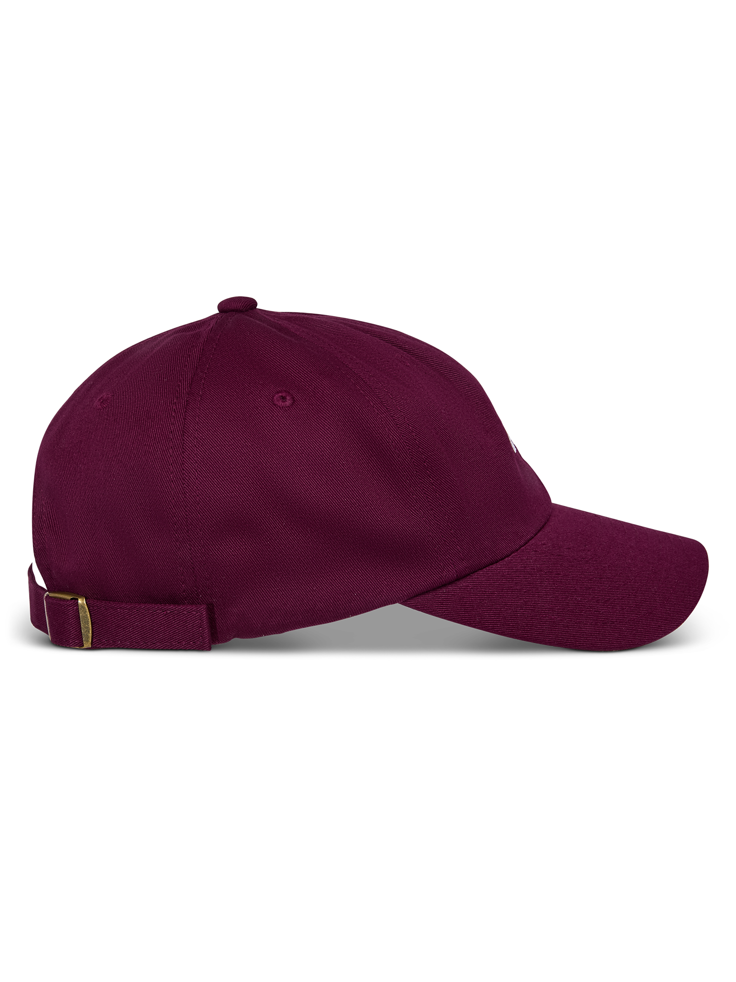 Gorra Alpinestars Deduce Strapback, color granate, vista lateral, visera curva con corona baja no estructurada, correa trasera ajustable de tela con hebilla metálica, estilo deportivo casual de sarga de algodón