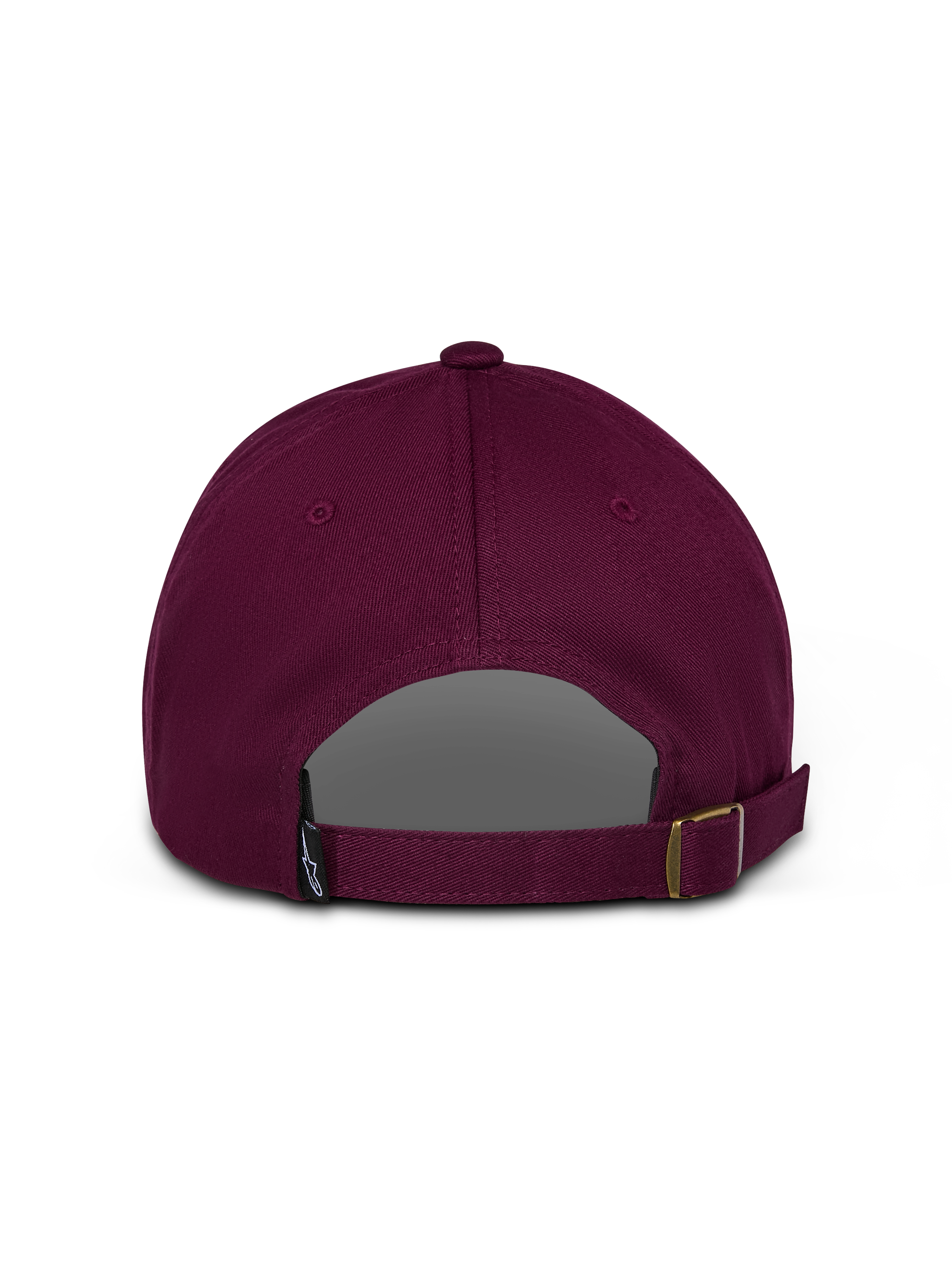 Gorra Alpinestars Deduce Strapback, burdeos, vista trasera que muestra el cierre de correa ajustable y una pequeña etiqueta con el logo, sarga de algodón no estructurada, ropa deportiva casual