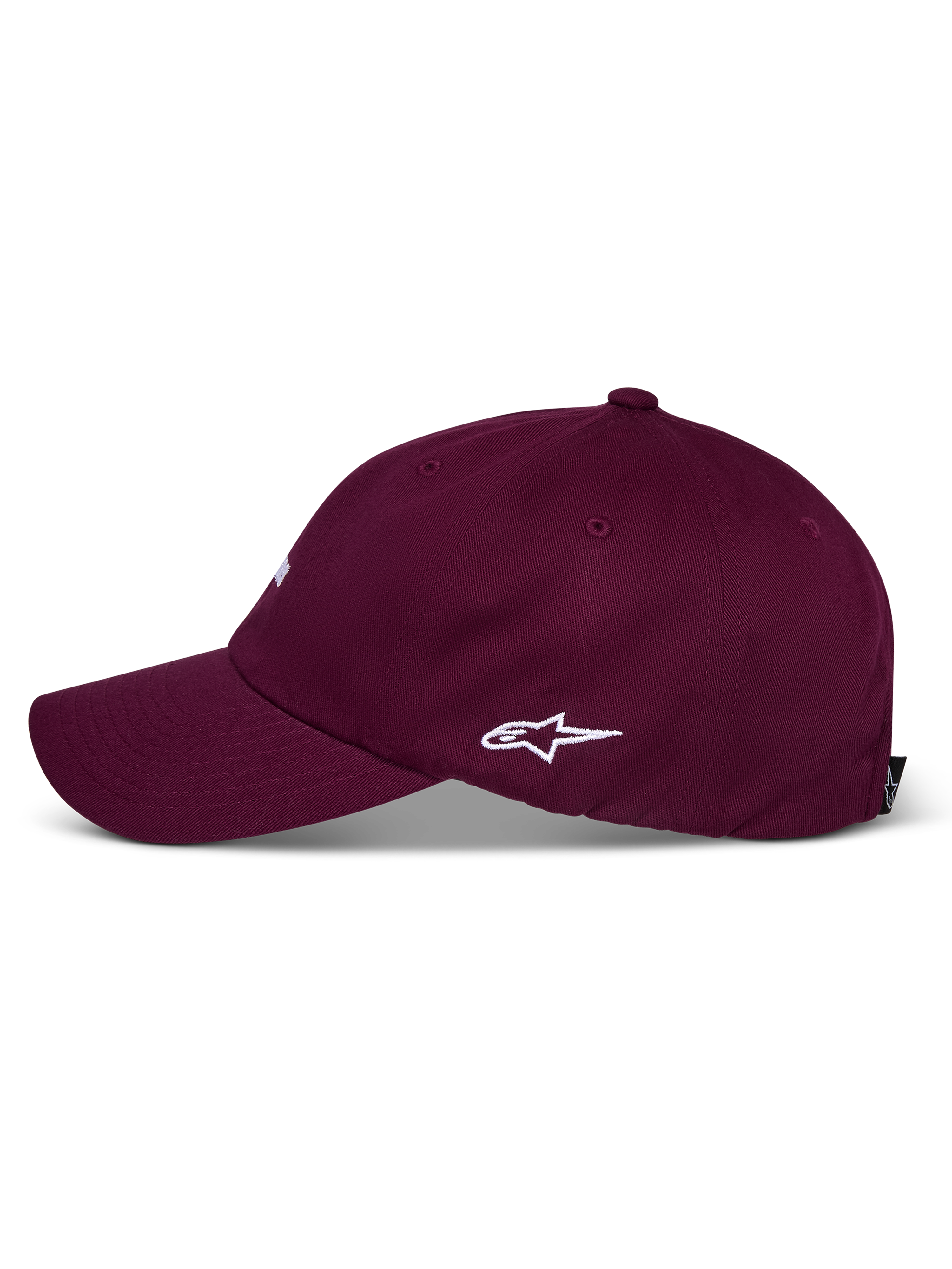 Gorra Alpinestars Deduce Strapback, color borgoña, vista de perfil lateral con logotipo de Astars bordado en blanco, visera curva, corona baja no estructurada, accesorio informal de sarga de algodón