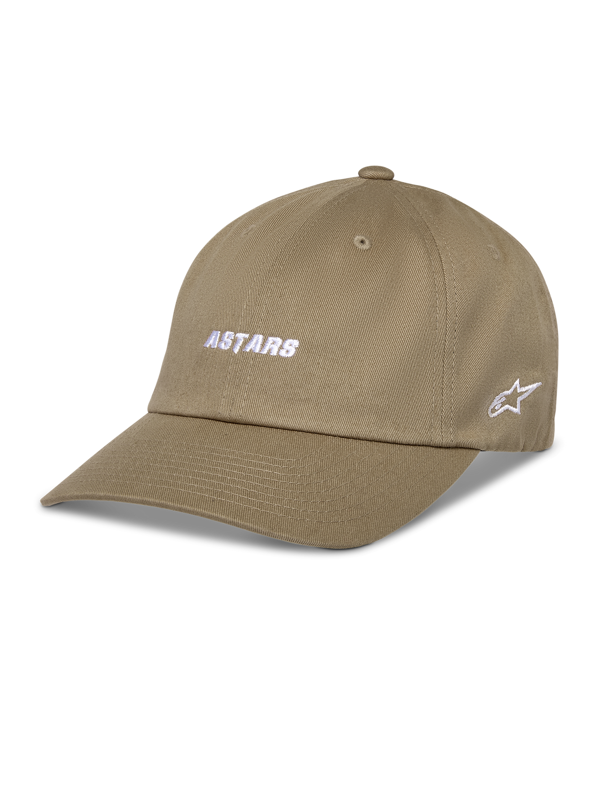 Gorra Alpinestars Deduce Strapback, gorra de béisbol caqui, bordado blanco ASTARS en la parte frontal y logo de estrella en el lateral, visera curva, sarga de algodón, ropa deportiva casual