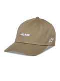 Gorra Alpinestars Deduce Strapback, gorra de béisbol caqui, bordado blanco ASTARS en la parte frontal y logo de estrella en el lateral, visera curva, sarga de algodón, ropa deportiva casual