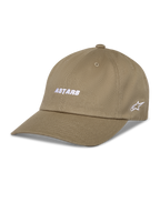 Gorra Alpinestars Deduce Strapback, gorra de béisbol caqui, bordado blanco ASTARS en la parte frontal y logo de estrella en el lateral, visera curva, sarga de algodón, ropa deportiva casual