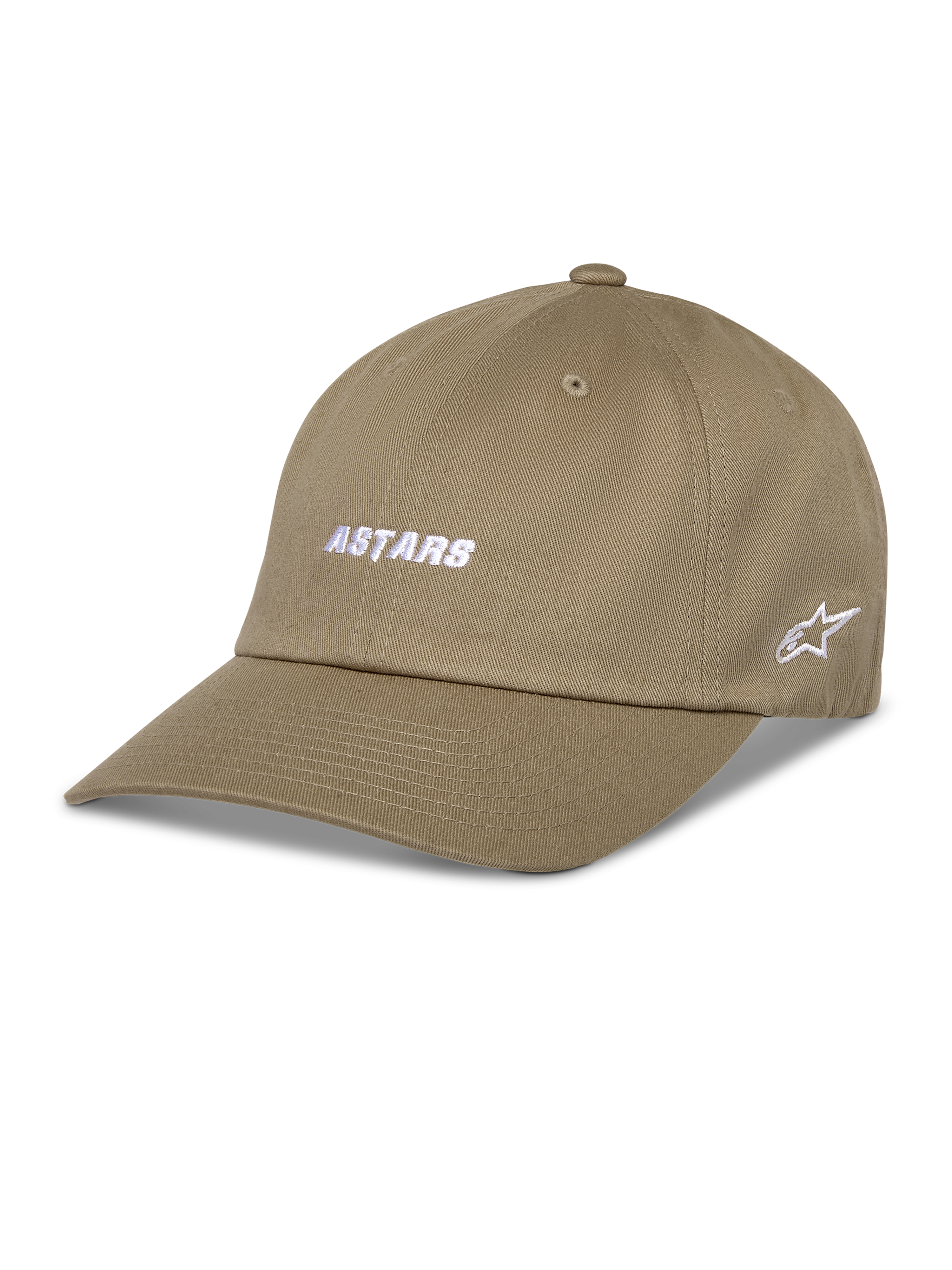 Gorra Alpinestars Deduce Strapback, gorra de béisbol caqui, bordado blanco ASTARS en la parte frontal y logo de estrella en el lateral, visera curva, sarga de algodón, ropa deportiva casual