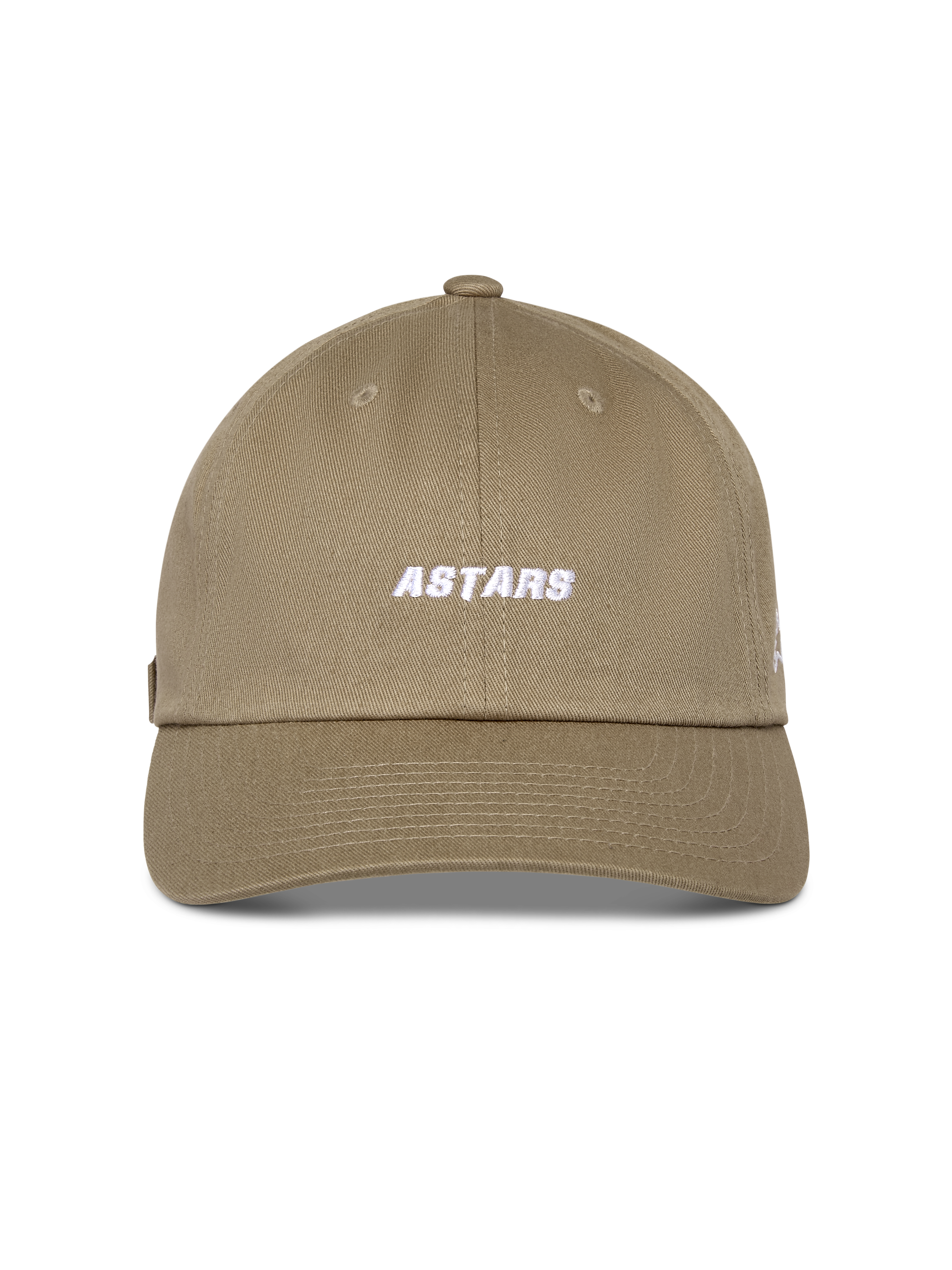 Gorra Alpinestars Deduce Strapback, color caqui, corona baja no estructurada con visera curva, bordado blanco de la palabra Astars en el frente, tejido de sarga de algodón, estilo casual inspirado en el automovilismo
