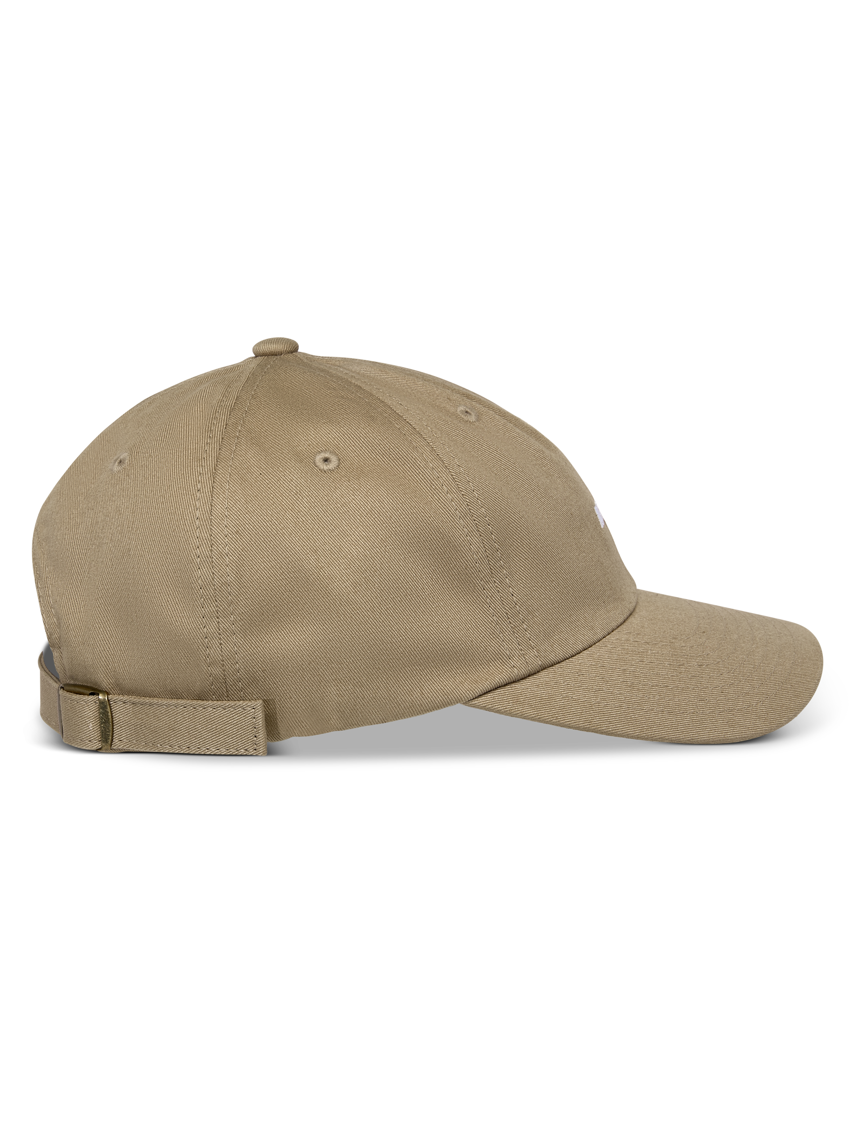 Gorra Alpinestars Deduce Strapback, caqui, vista de perfil lateral, visera curva con corona baja no estructurada, material de sarga de algodón con cierre de correa ajustable y marca con bordado plano.