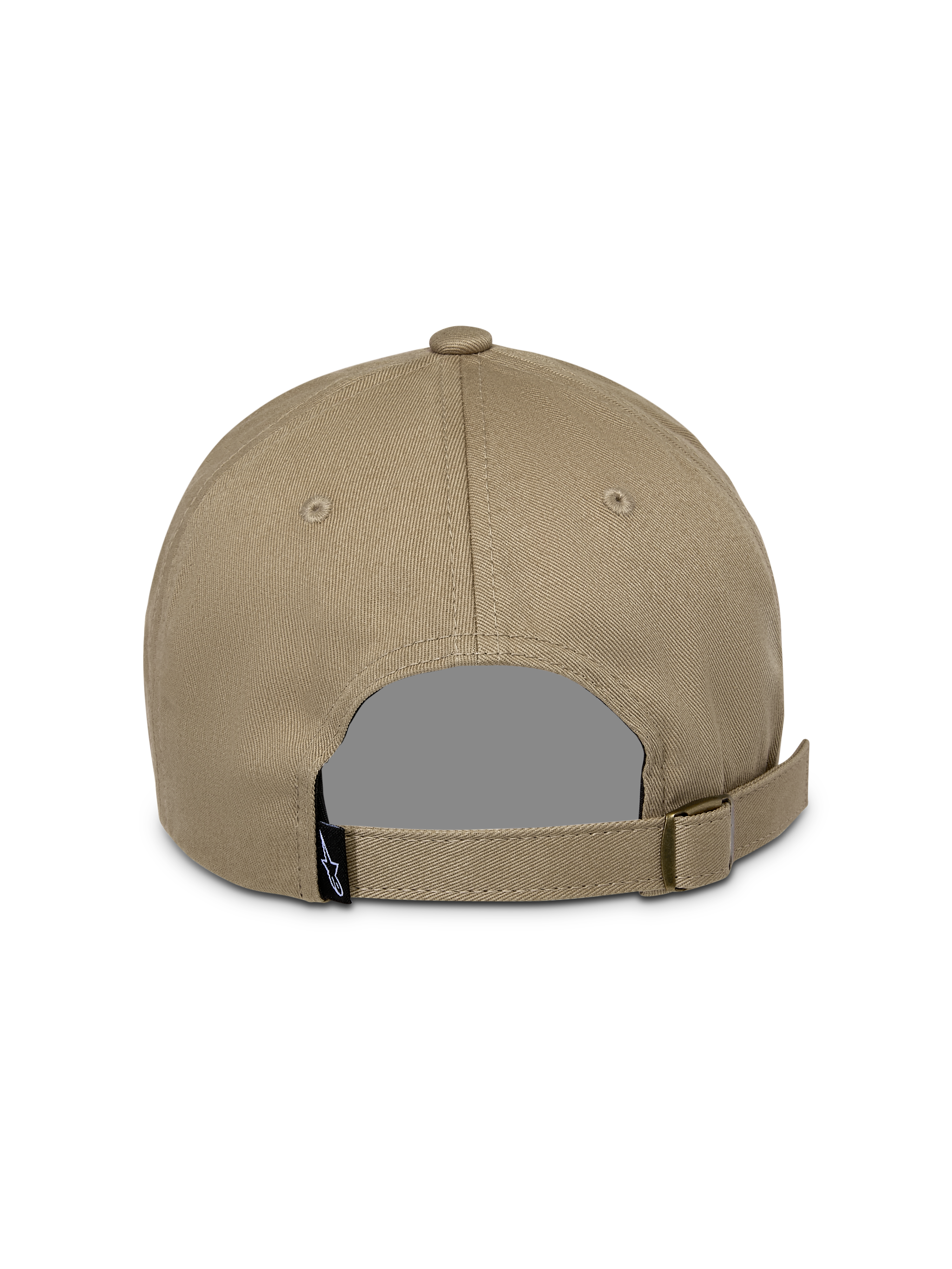 Gorra Alpinestars Deduce Strapback, caqui, vista trasera con correa ajustable y hebilla metálica, con una pequeña etiqueta negra con el logo, accesorio casual de sarga de algodón