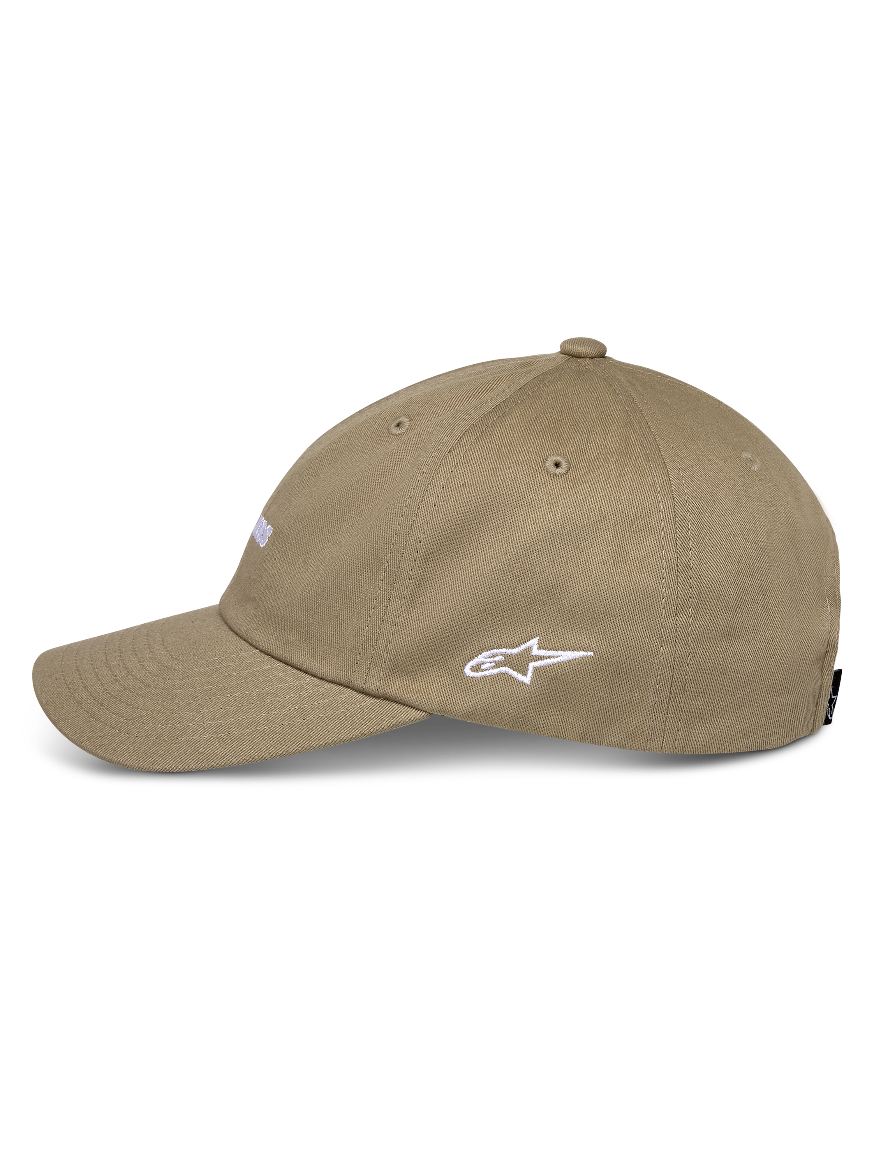 Gorra Alpinestars Deduce Strapback, color caqui, vista de perfil con el logotipo Astars bordado en blanco, visera curva, construcción en sarga de algodón, estilo urbano casual de automovilismo