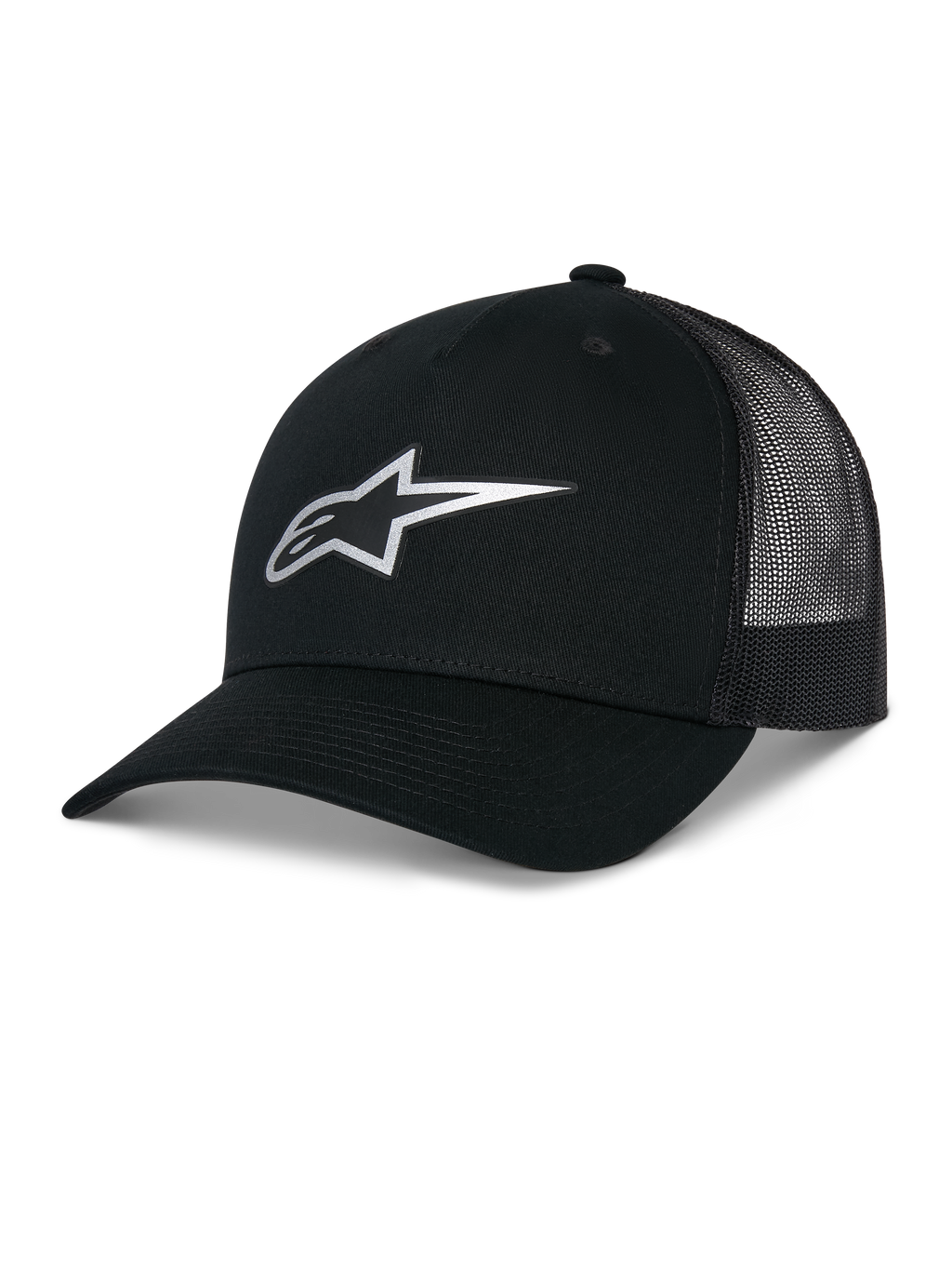Alpinestars Reflect Ageless Trucker Hat, negra, con un logotipo Astars plateado reflectante en la parte frontal, visera curva y paneles traseros de malla, corona estructurada, accesorio de cabeza casual para deportes de motor