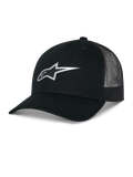 Alpinestars Reflect Ageless Trucker Hat, negra, con un logotipo Astars plateado reflectante en la parte frontal, visera curva y paneles traseros de malla, corona estructurada, accesorio de cabeza casual para deportes de motor