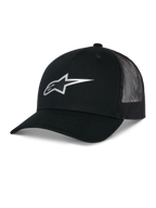 Alpinestars Reflect Ageless Trucker Hat, negra, con un logotipo Astars plateado reflectante en la parte frontal, visera curva y paneles traseros de malla, corona estructurada, accesorio de cabeza casual para deportes de motor
