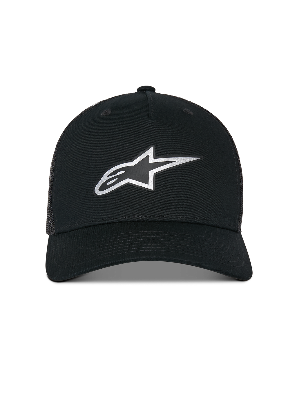 Gorra Alpinestars Reflect Ageless Trucker Hat, gorra tipo trucker, negra, con logotipo Astars reflectante plateado en el frente, corona estructurada con visera curva y parte trasera de malla transpirable, accesorio casual inspirado en el motociclismo