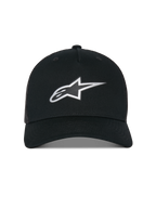 Gorra Alpinestars Reflect Ageless Trucker Hat, gorra tipo trucker, negra, con logotipo Astars reflectante plateado en el frente, corona estructurada con visera curva y parte trasera de malla transpirable, accesorio casual inspirado en el motociclismo