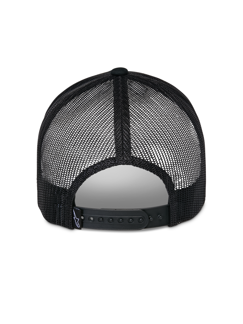 Gorra Trucker Alpinestars Reflect Ageless, negra, vista trasera que muestra paneles de malla de poliéster transpirable y cierre ajustable a presión, incluye una pequeña etiqueta de marca tejida, accesorio casual inspirado en el automovilismo