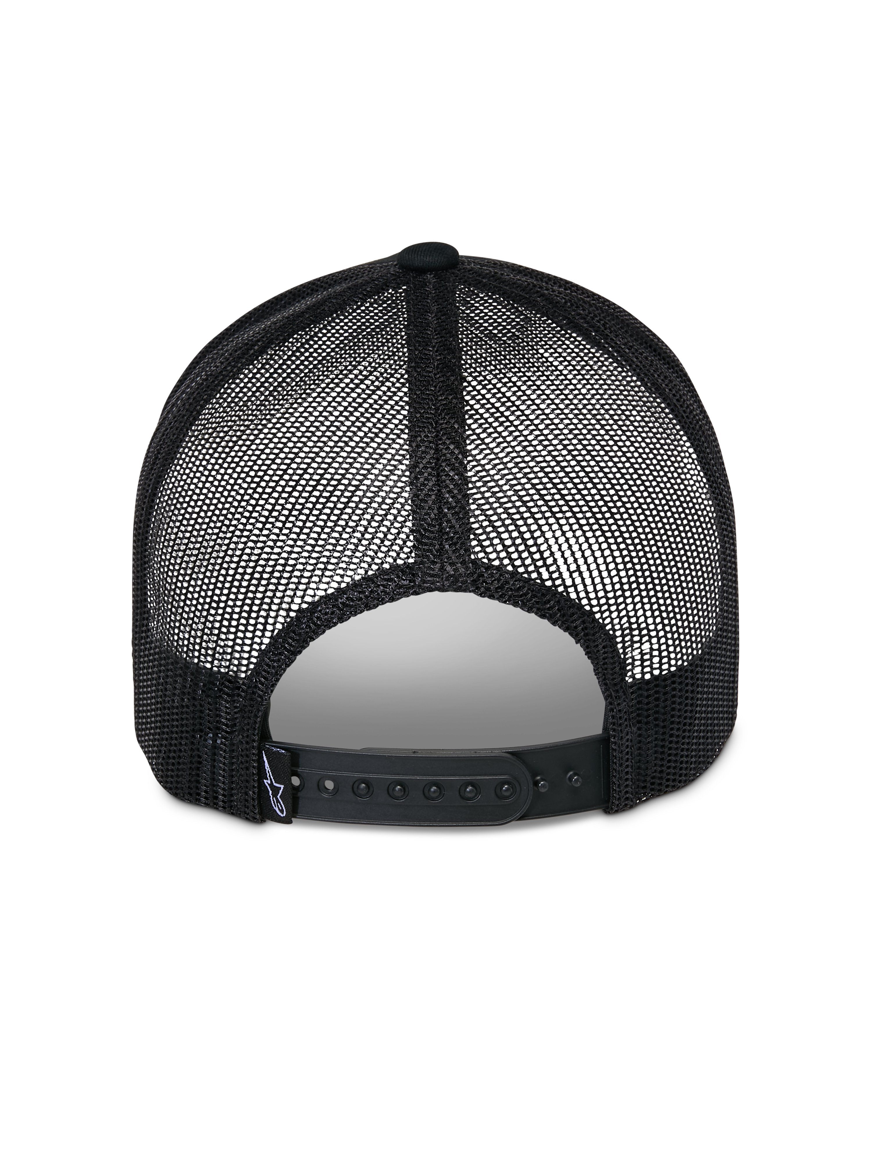 Gorra Trucker Alpinestars Reflect Ageless, negra, vista trasera que muestra paneles de malla de poliéster transpirable y cierre ajustable a presión, incluye una pequeña etiqueta de marca tejida, accesorio casual inspirado en el automovilismo