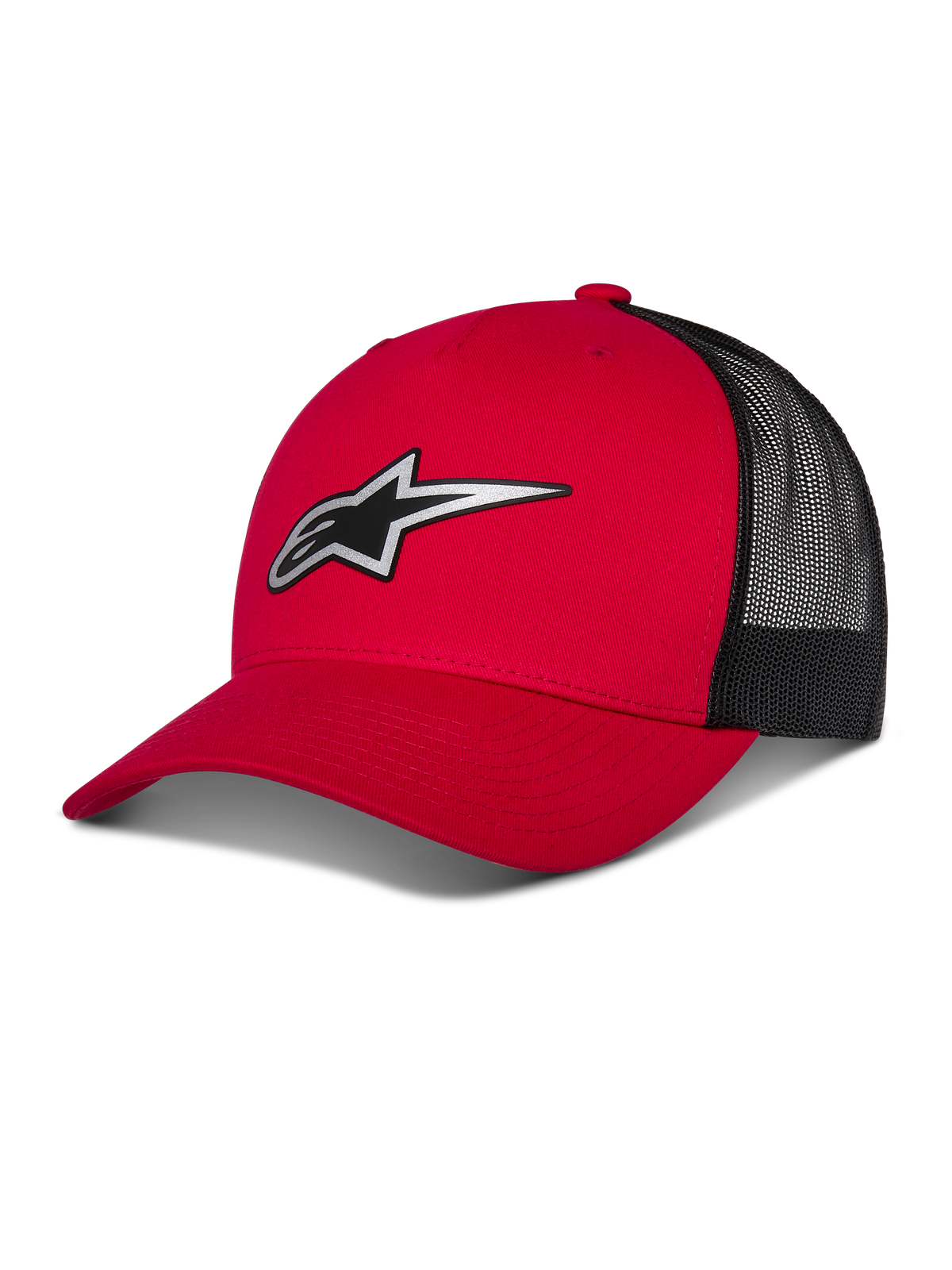 Alpinestars Reflect Ageless Trucker Hat, gorra de béisbol roja y negra, visera curva con logotipo Astars reflectante, paneles traseros de malla negra, diseño estructurado