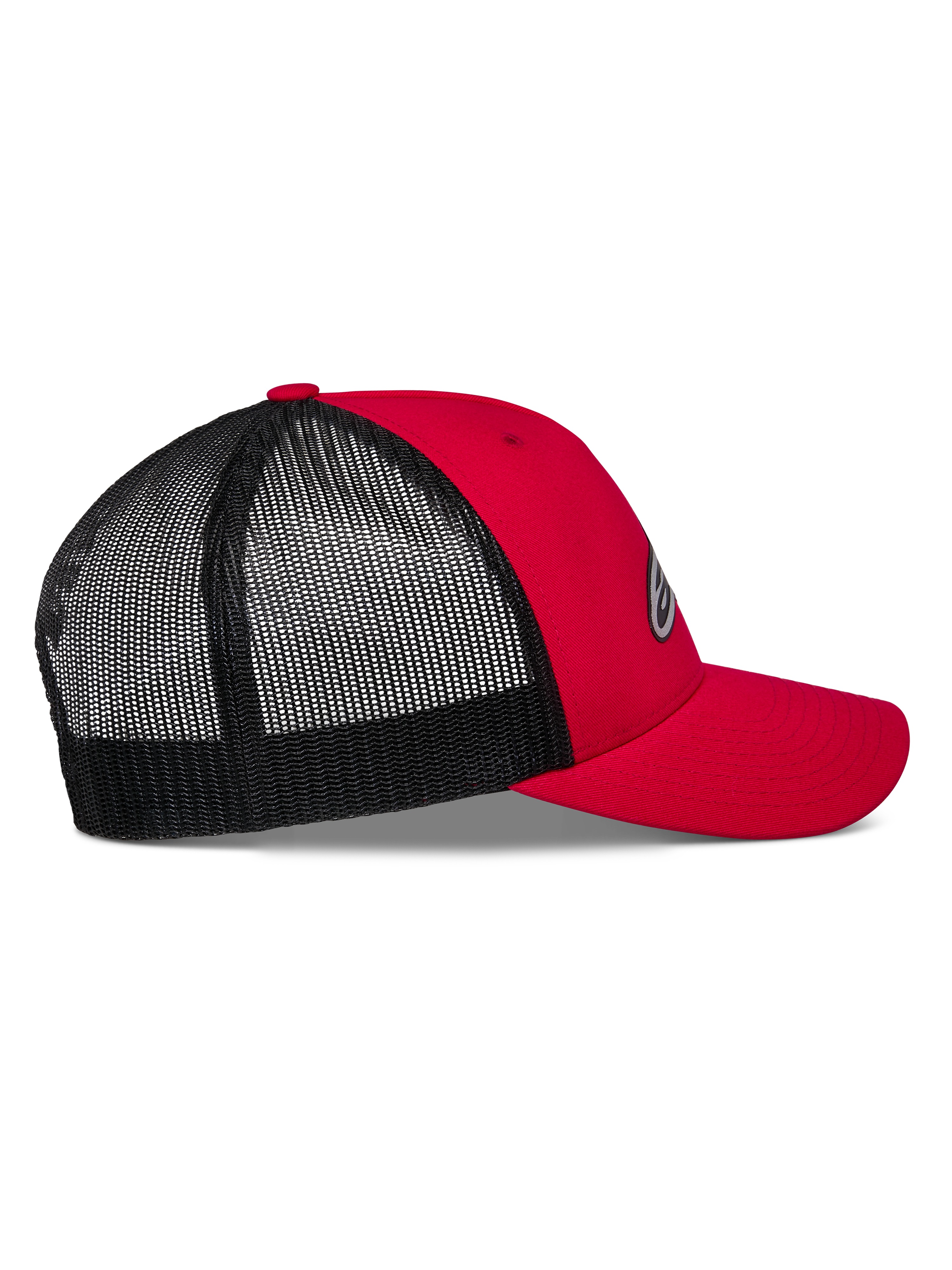 Alpinestars Reflect Ageless Trucker Hat, Red and Black, side profile view, red twill front and curved bill, black poly mesh back, structured crown, casual motorsport-inspired headwear