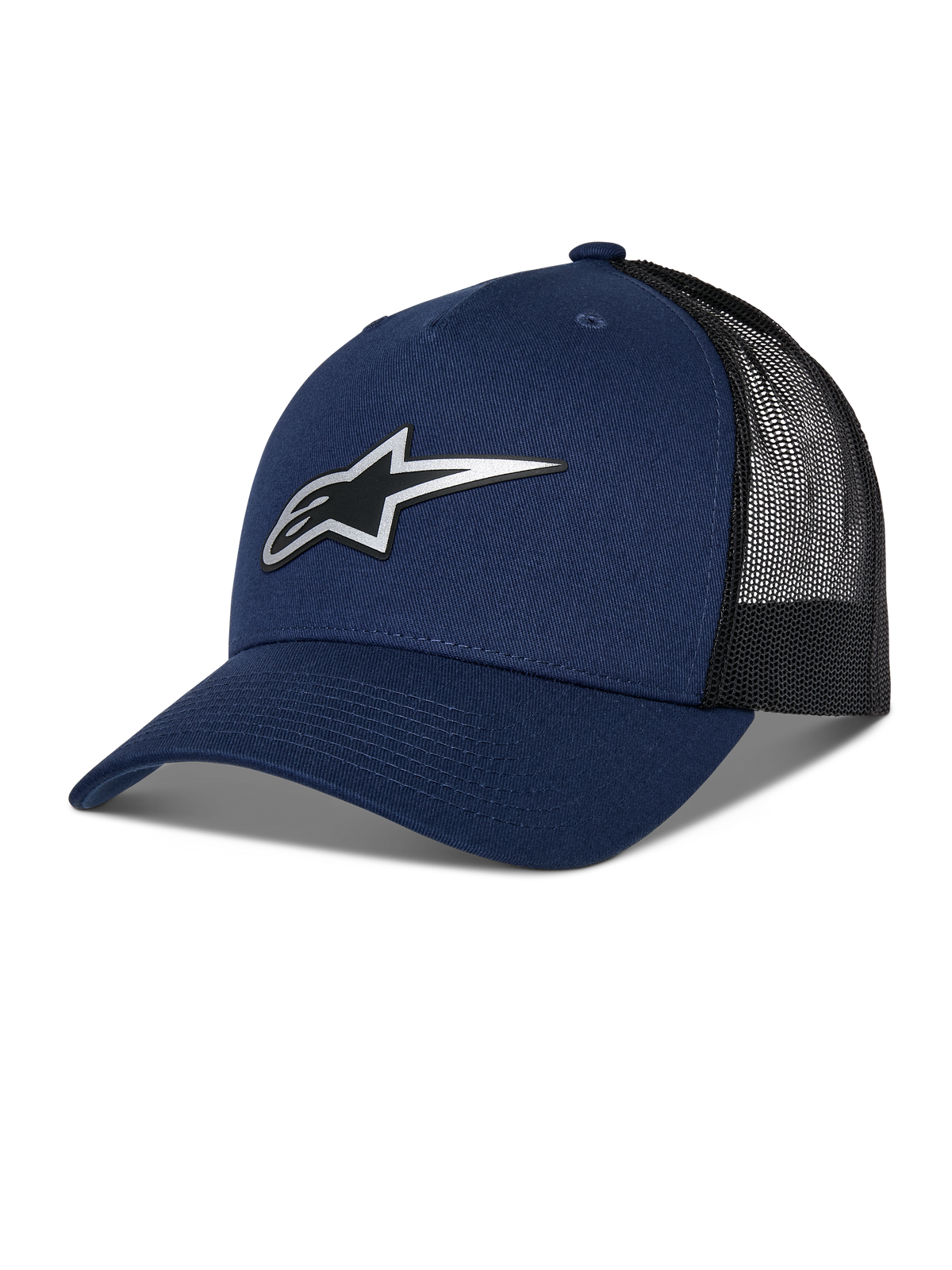 Alpinestars Reflect Ageless Trucker Hat, gorra trucker en azul marino y negro, visera curva, logotipo Astars plateado reflectante, parte trasera de malla para ventilación, corona estructurada, estilo casual de motorsport