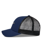 Alpinestars Reflect Ageless Trucker Hat, Navy Blue and Black, Side profile showing curved bill and mesh back, reflective Astars logo on front, casual motorsport headwear