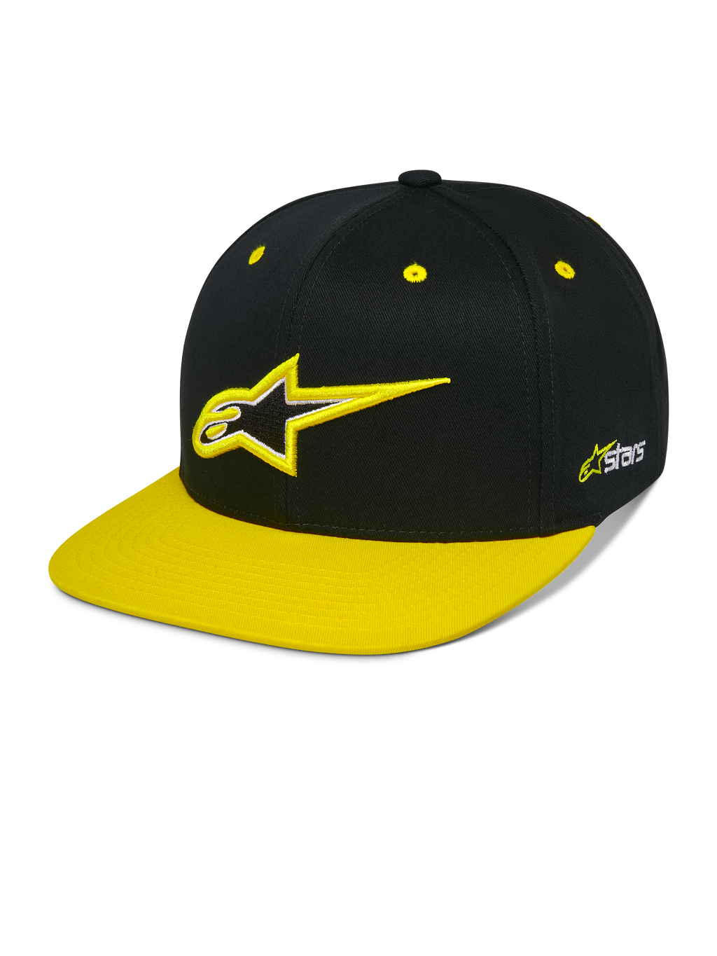 Alpinestars Thickness Snapback Hat, gorra snapback negra y amarillo de alta visibilidad, corona estructurada con logotipo Astars bordado en 3D, visera plana amarilla, ojales amarillos, accesorio casual de automovilismo
