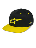 Alpinestars Thickness Snapback Hat, gorra snapback negra y amarillo de alta visibilidad, corona estructurada con logotipo Astars bordado en 3D, visera plana amarilla, ojales amarillos, accesorio casual de automovilismo