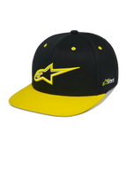 Alpinestars Thickness Snapback Hat, gorra snapback negra y amarillo de alta visibilidad, corona estructurada con logotipo Astars bordado en 3D, visera plana amarilla, ojales amarillos, accesorio casual de automovilismo