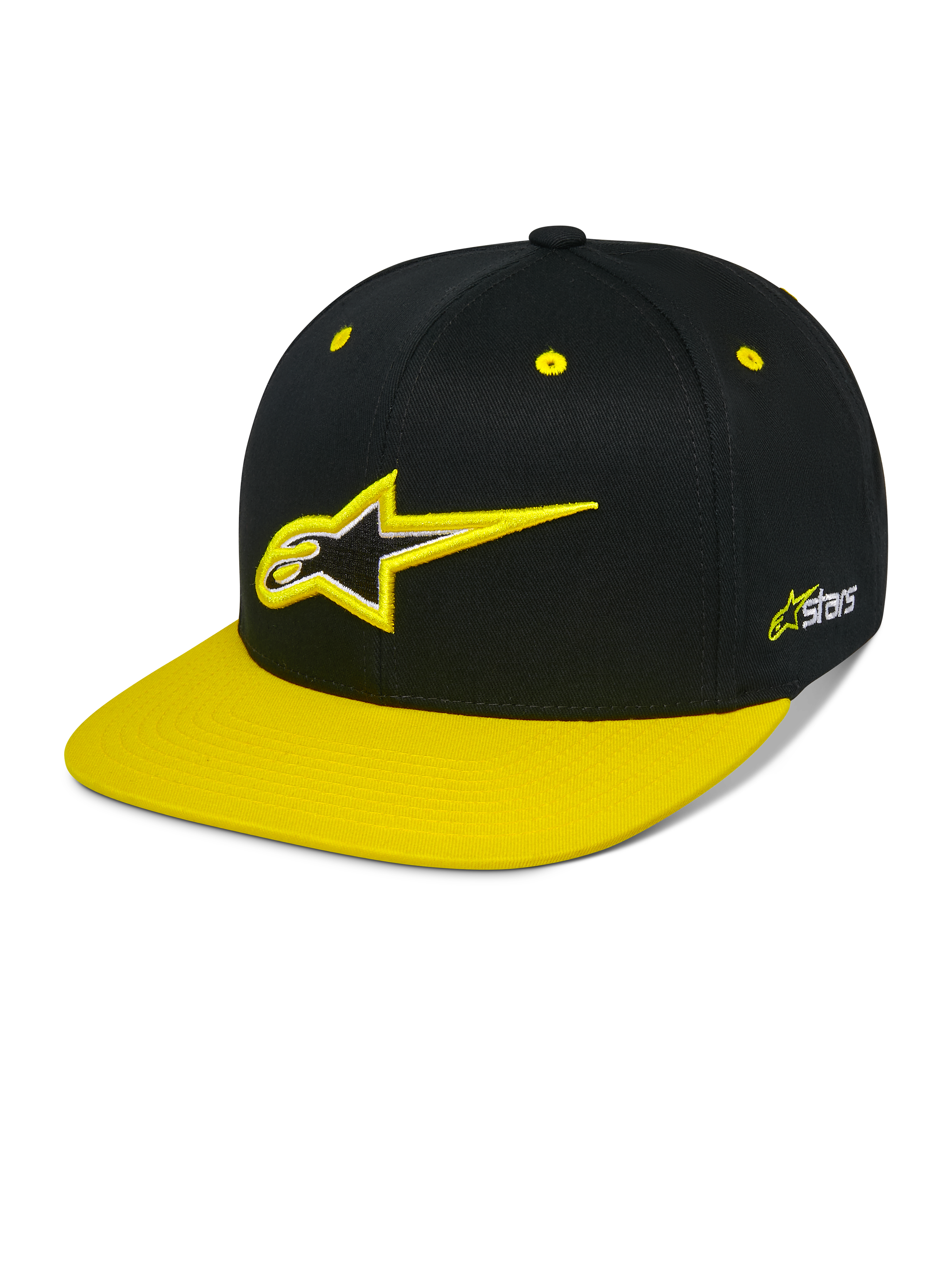 Alpinestars Thickness Snapback Hat, gorra snapback negra y amarillo de alta visibilidad, corona estructurada con logotipo Astars bordado en 3D, visera plana amarilla, ojales amarillos, accesorio casual de automovilismo