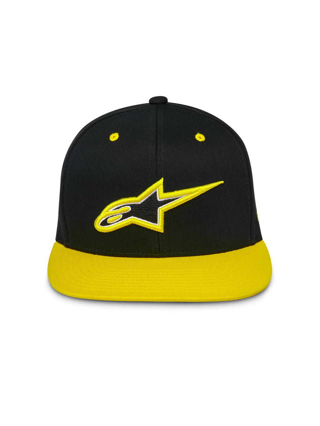 Gorra Alpinestars Thickness Snapback, gorra de visera plana con corona estructurada, color negro con visera y ojales en amarillo de alta visibilidad, logotipo Astars bordado en 3D en la parte frontal, estilo casual motorsport