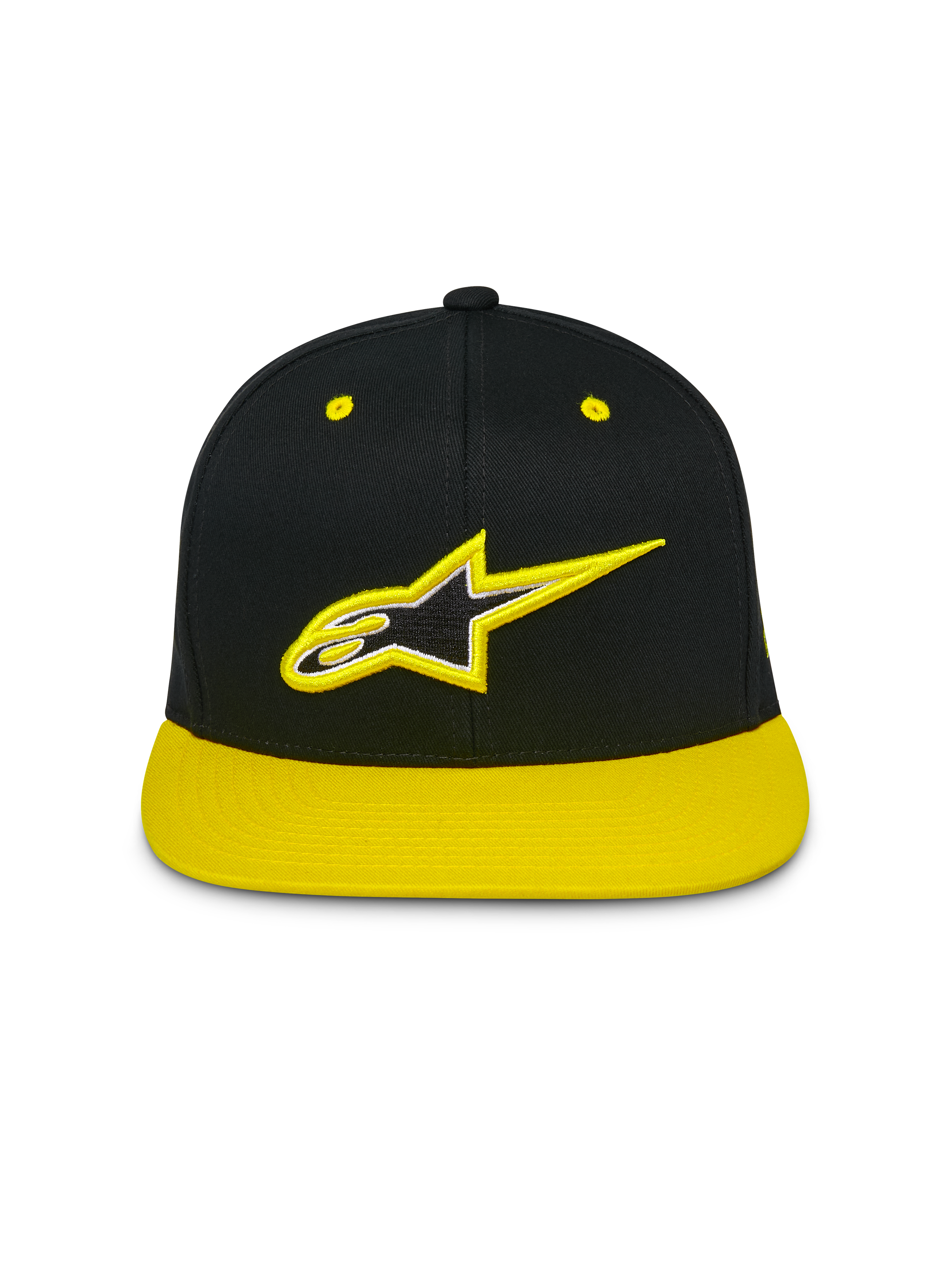 Gorra Alpinestars Thickness Snapback, gorra de visera plana con corona estructurada, color negro con visera y ojales en amarillo de alta visibilidad, logotipo Astars bordado en 3D en la parte frontal, estilo casual motorsport