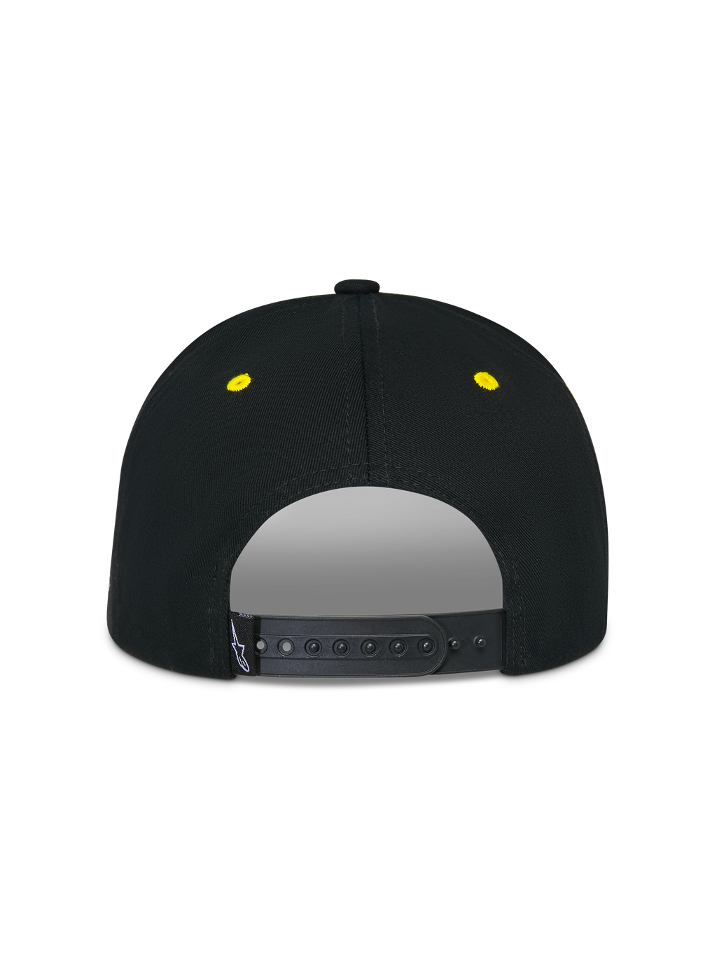 Gorra Snapback Alpinestars Thickness, negro y amarillo de alta visibilidad, vista trasera con cierre ajustable snapback, ojales bordados en amarillo, corona estructurada, accesorio de cabeza casual de estilo motorsport
