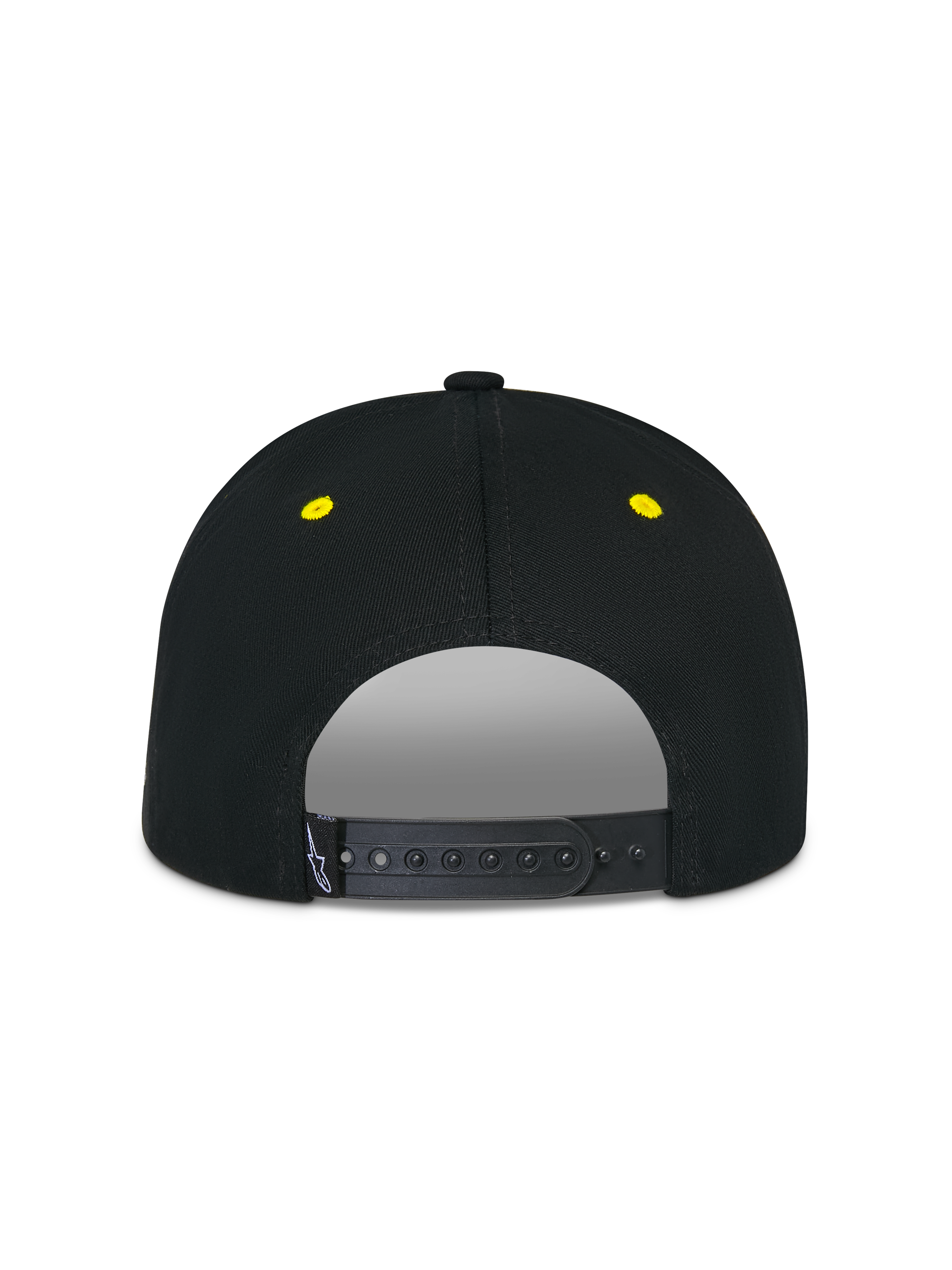 Gorra Snapback Alpinestars Thickness, negro y amarillo de alta visibilidad, vista trasera con cierre ajustable snapback, ojales bordados en amarillo, corona estructurada, accesorio de cabeza casual de estilo motorsport