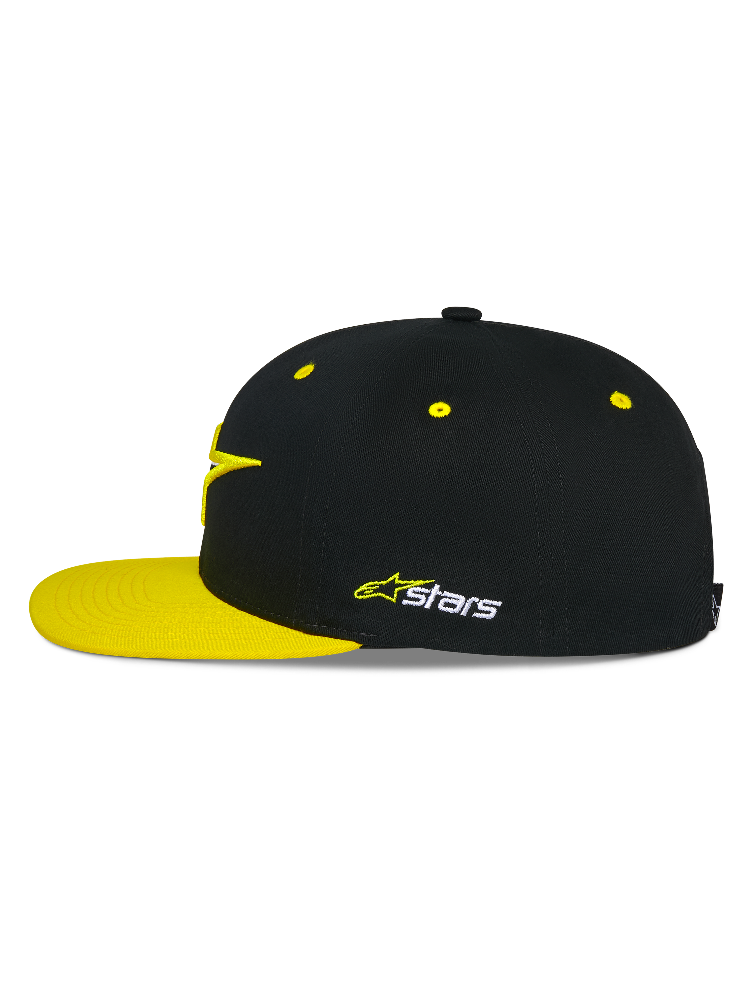 Gorra Snapback Alpinestars Thickness, negra y amarilla de alta visibilidad, perfil lateral, corona estructurada con ojales amarillos y visera plana amarilla, logo Astars bordado en el lateral, accesorio casual de motorsport