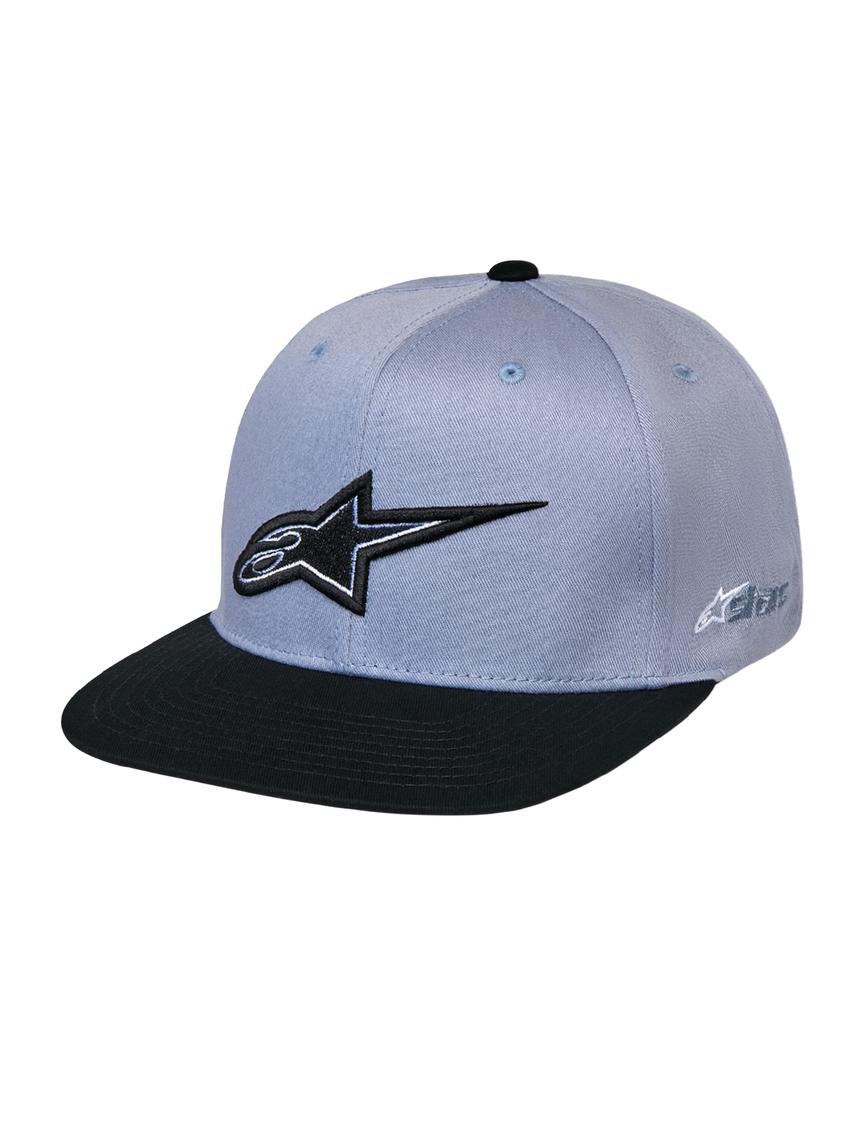 Gorra Snapback Thickness de Alpinestars, gris y negra, con corona estructurada y visera plana, logotipo Astars bordado en 3D en negro en la parte frontal, logo en el lateral, accesorio casual de inspiración deportiva