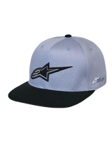 Alpinestars Thickness Snapback Hat, Grey and Black, featuring a structured crown and flat bill, black 3D embroidered Astars logo on front, side logo branding, casual motorsport-inspired headwear