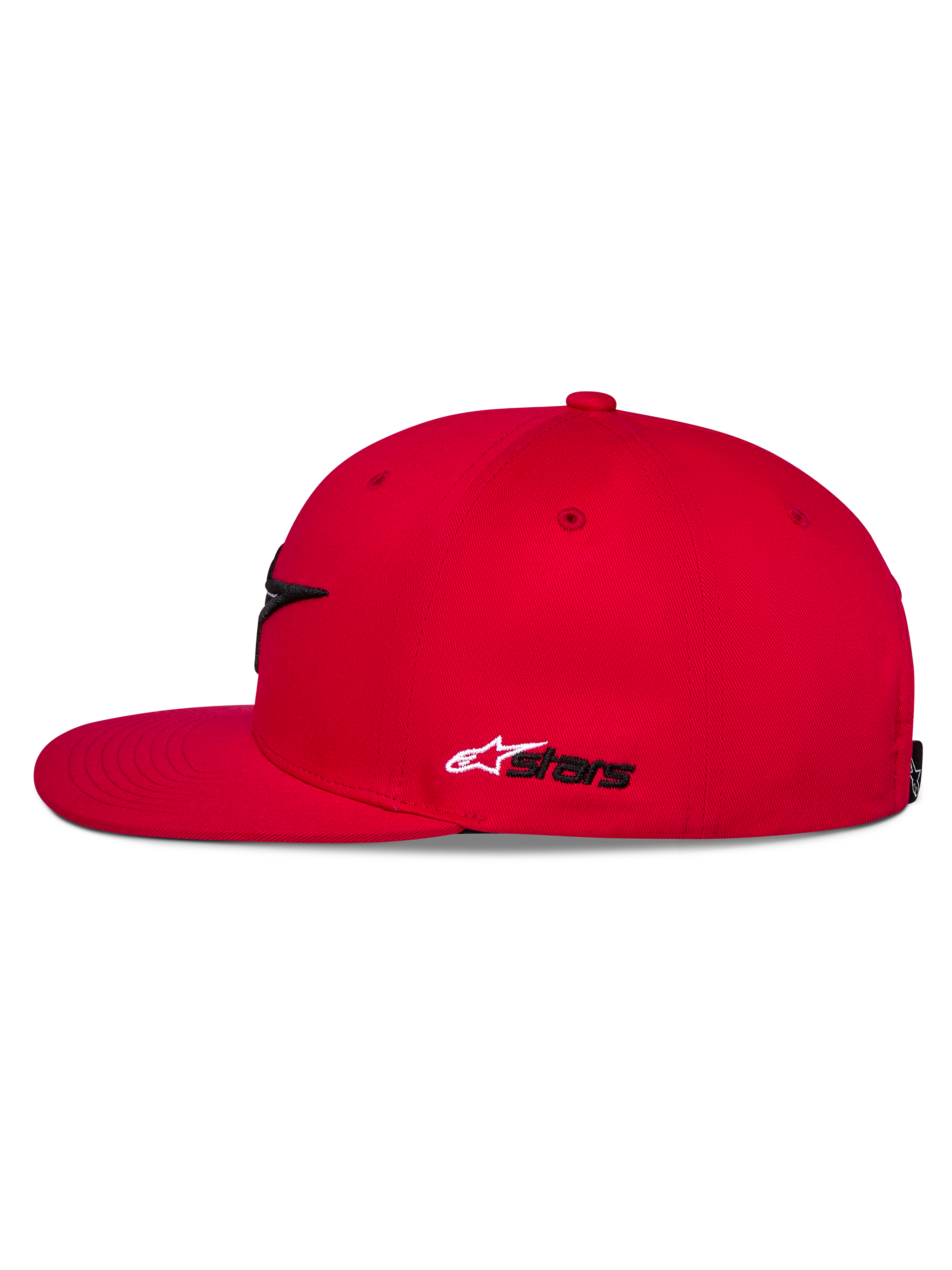 Alpinestars Thickness Snapback Hat, Red, side view, flat bill and structured crown, white and black Astars side embroidery, casual motorsport-inspired headwear