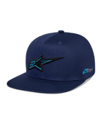 Alpinestars Thickness Snapback Hat, Navy Blue, structured crown with a flat bill, 3D black embroidered Astars logo with light blue outline, side logo embroidery, casual motorsport-inspired streetwear.