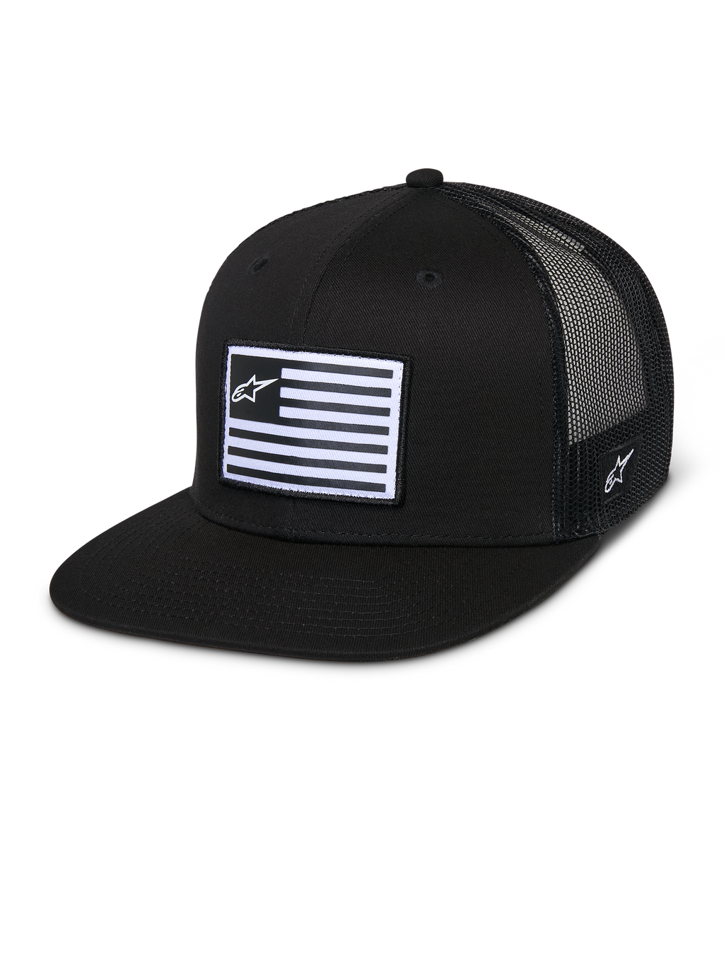 Alpinestars Flag Flat Trucker Hat, Black, flat bill with structured crown, breathable black mesh back, rectangular front patch with horizontal stripes and star logo, side embroidery, casual motorsport-inspired design