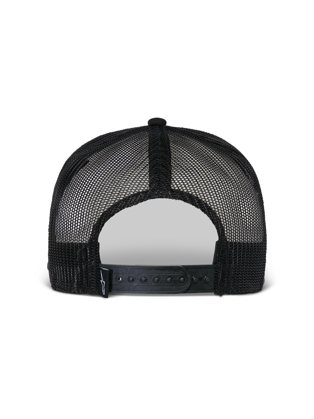 Alpinestars Flag Flat Trucker Hat, Black, back view showing breathable poly mesh construction, adjustable snapback closure, and small woven logo detail, casual motorsport headwear