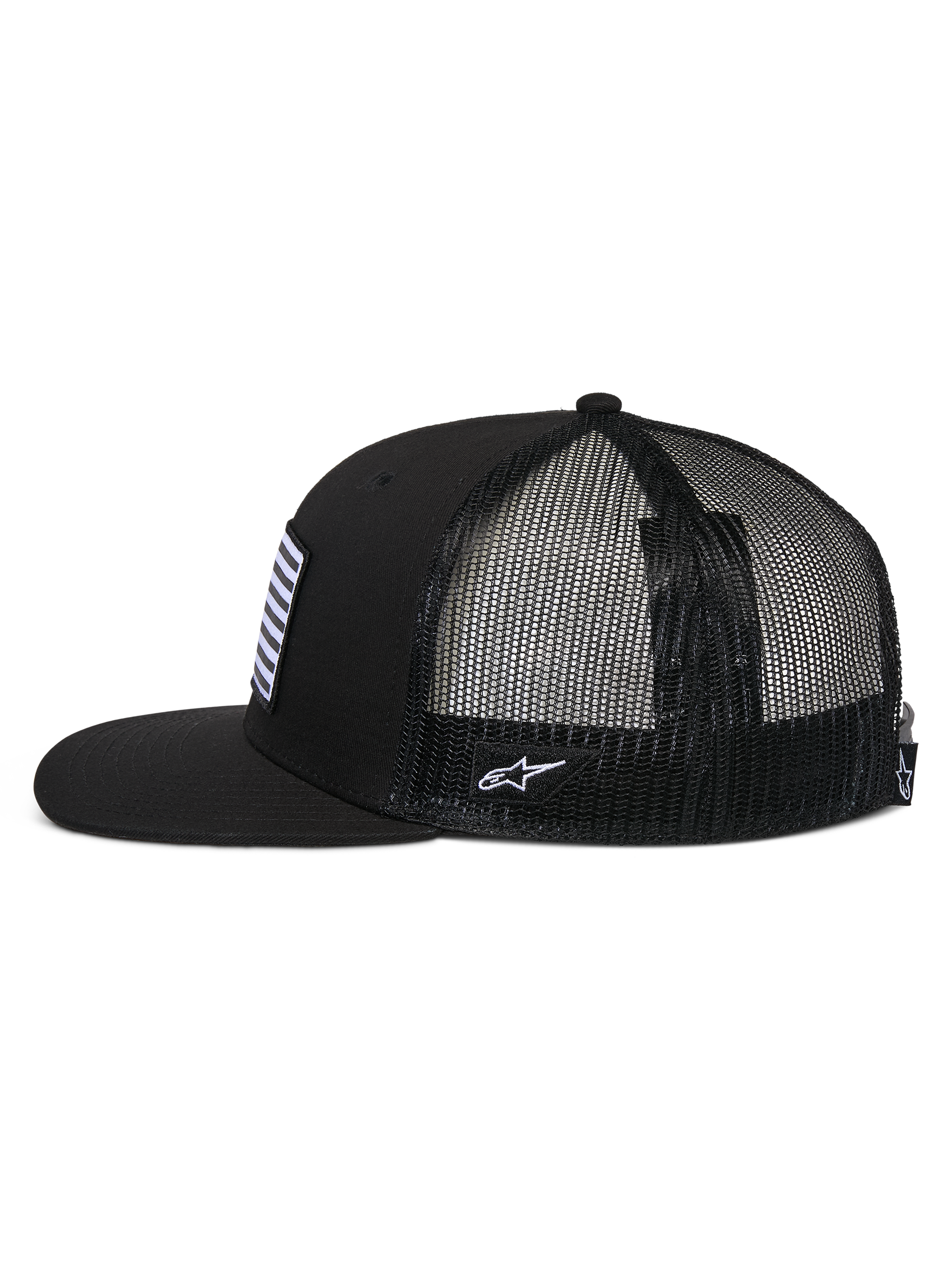 Alpinestars Flag Flat Trucker Hat, side profile, Black, flat bill and structured crown, breathable polyester mesh back, front flag patch and white side logo embroidery, casual motorsport-inspired headwear