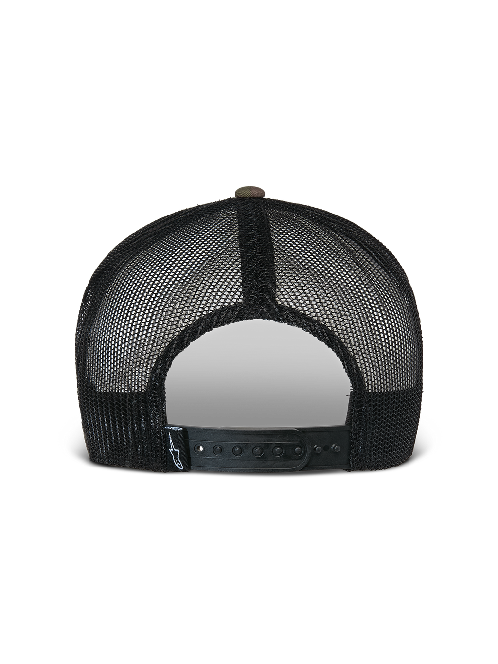 Gorra Trucker Plana Flag de Alpinestars, verde camuflaje y negro, vista posterior con paneles de malla negra transpirable y cierre snapback ajustable con una pequeña etiqueta del logo, accesorio casual inspirado en el automovilismo
