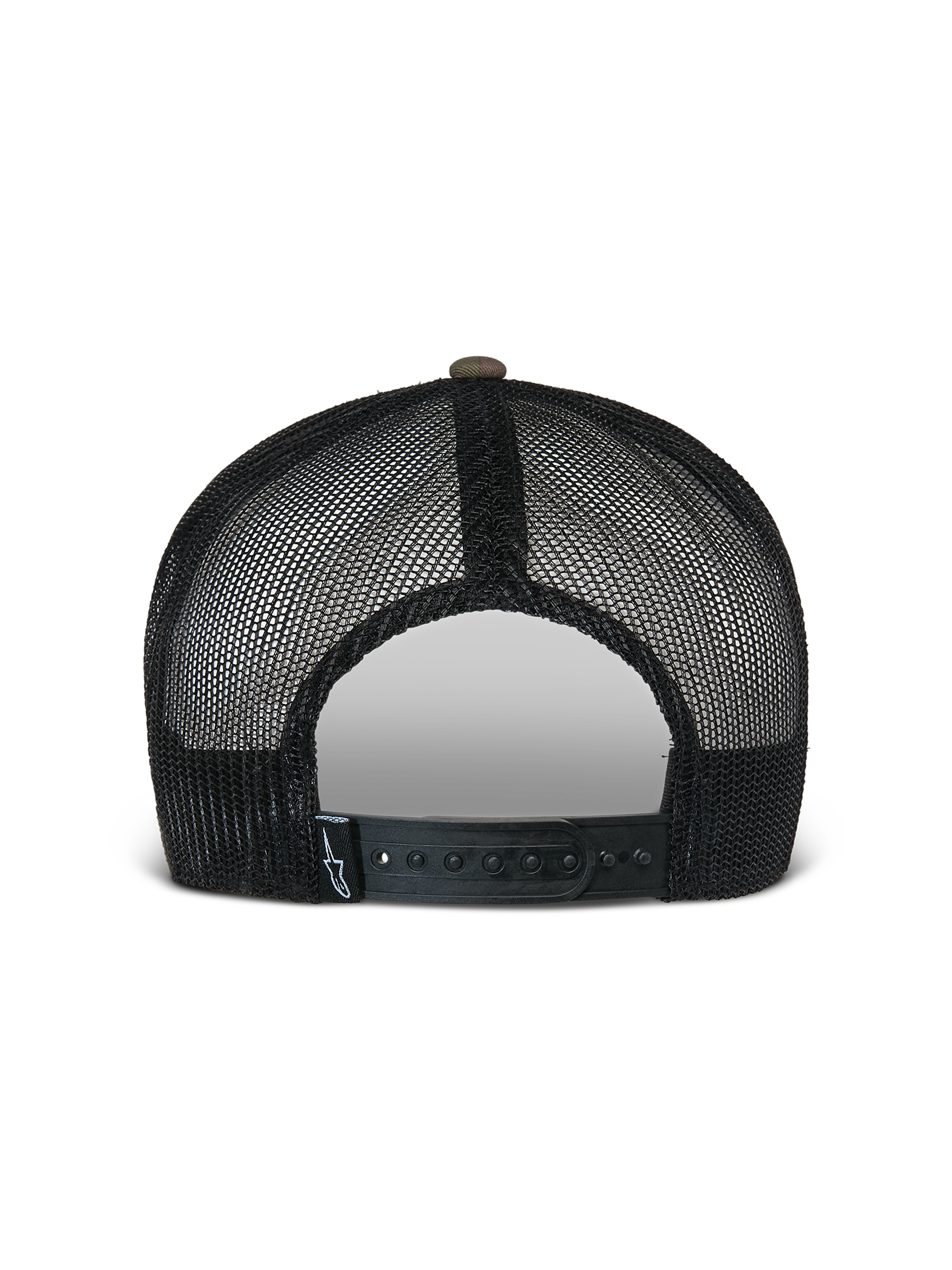 Gorra Trucker Plana Flag de Alpinestars, verde camuflaje y negro, vista posterior con paneles de malla negra transpirable y cierre snapback ajustable con una pequeña etiqueta del logo, accesorio casual inspirado en el automovilismo