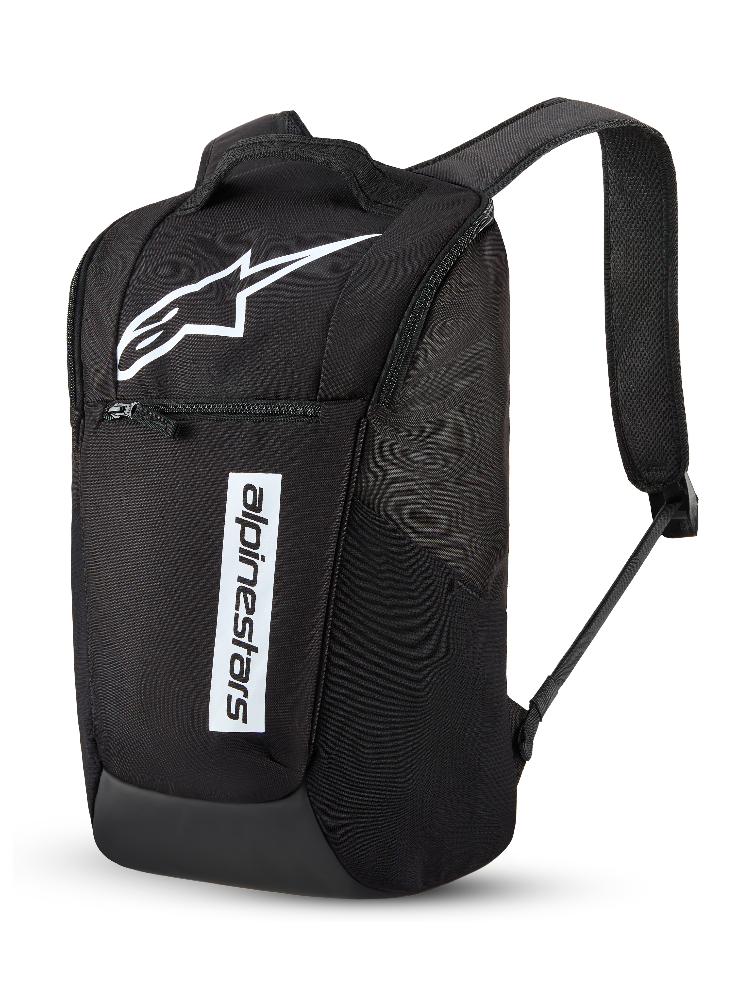 Mochila Alpinestars Defcon V3, mochila de uso diario, negro y blanco, con un gran logotipo Astar blanco y marca vertical de Alpinestars, bolsillo frontal con cremallera, correas acolchadas para los hombros con malla de aire, poliéster 600D duradero, diseño casual inspirado en el motorsport
