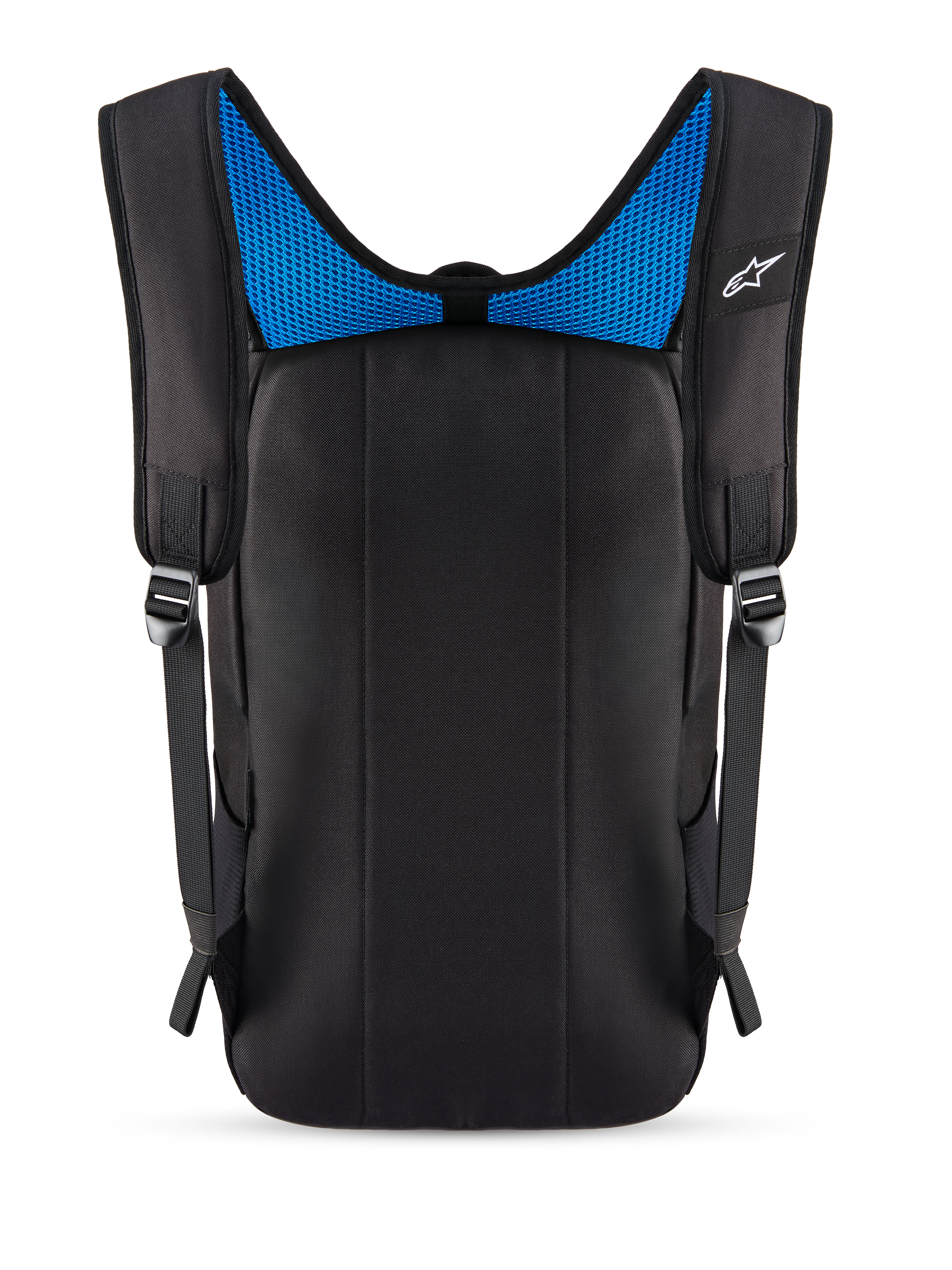 Mochila Alpinestars Defcon V3, vista trasera, negra con malla azul, con panel trasero acolchado y correas para los hombros de malla de aire, pequeño logo blanco de Alpinestars, mochila duradera para uso diario