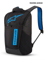Mochila Alpinestars Defcon V3, mochila diaria de tamaño pequeño, negra y azul, con logo de estrella en azul brillante y marca de texto vertical, bolsillo frontal con cremallera y correas acolchadas con malla de aire azul, diseño deportivo duradero