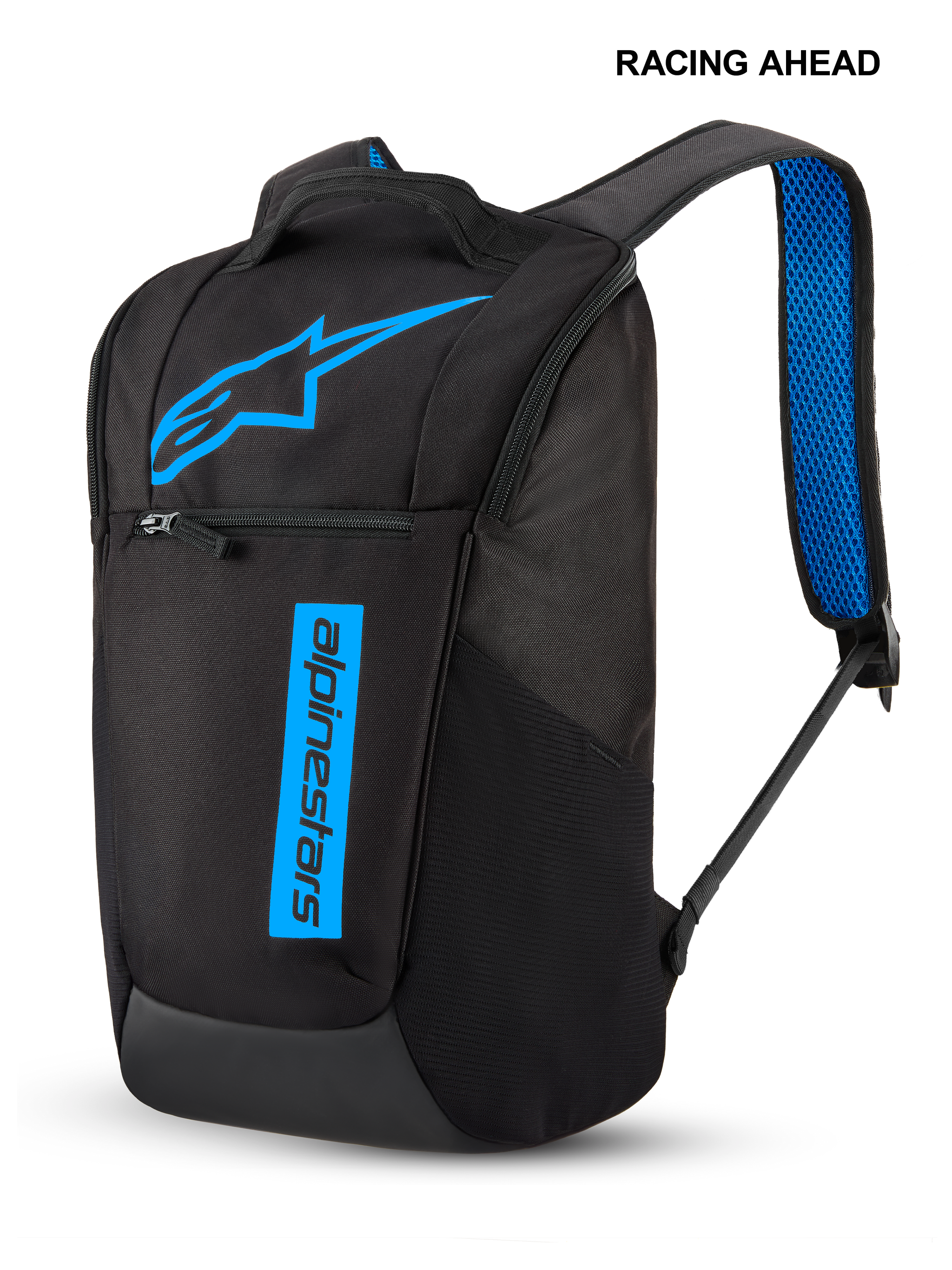 Mochila Alpinestars Defcon V3, mochila diaria de tamaño pequeño, negra y azul, con logo de estrella en azul brillante y marca de texto vertical, bolsillo frontal con cremallera y correas acolchadas con malla de aire azul, diseño deportivo duradero