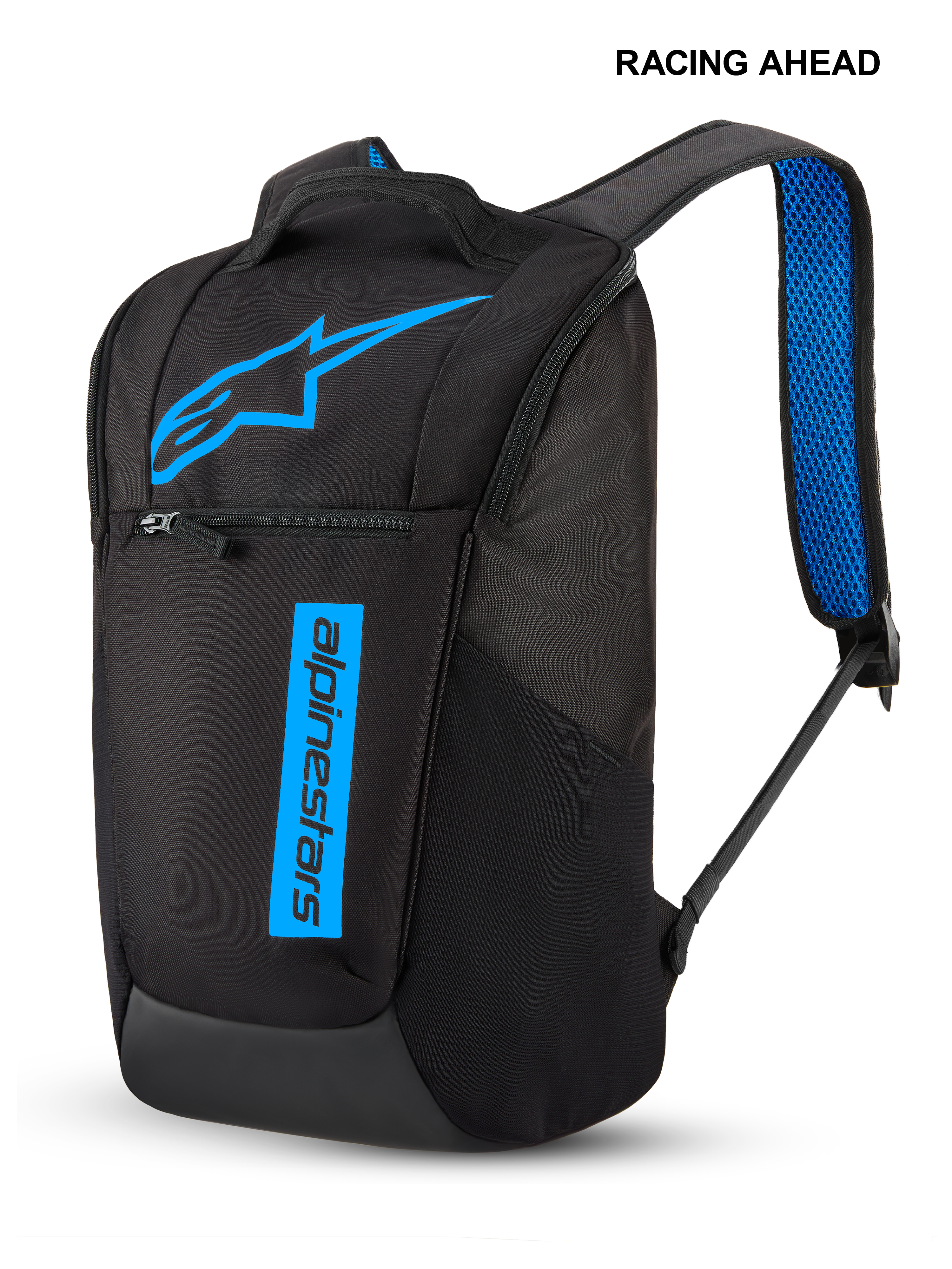 Alpinestars Defcon V3 Backpack, small daily backpack, Black and Blue, featuring a bright blue star logo and vertical text branding, front zipper pocket, and blue air mesh padded shoulder straps, durable sportswear design
