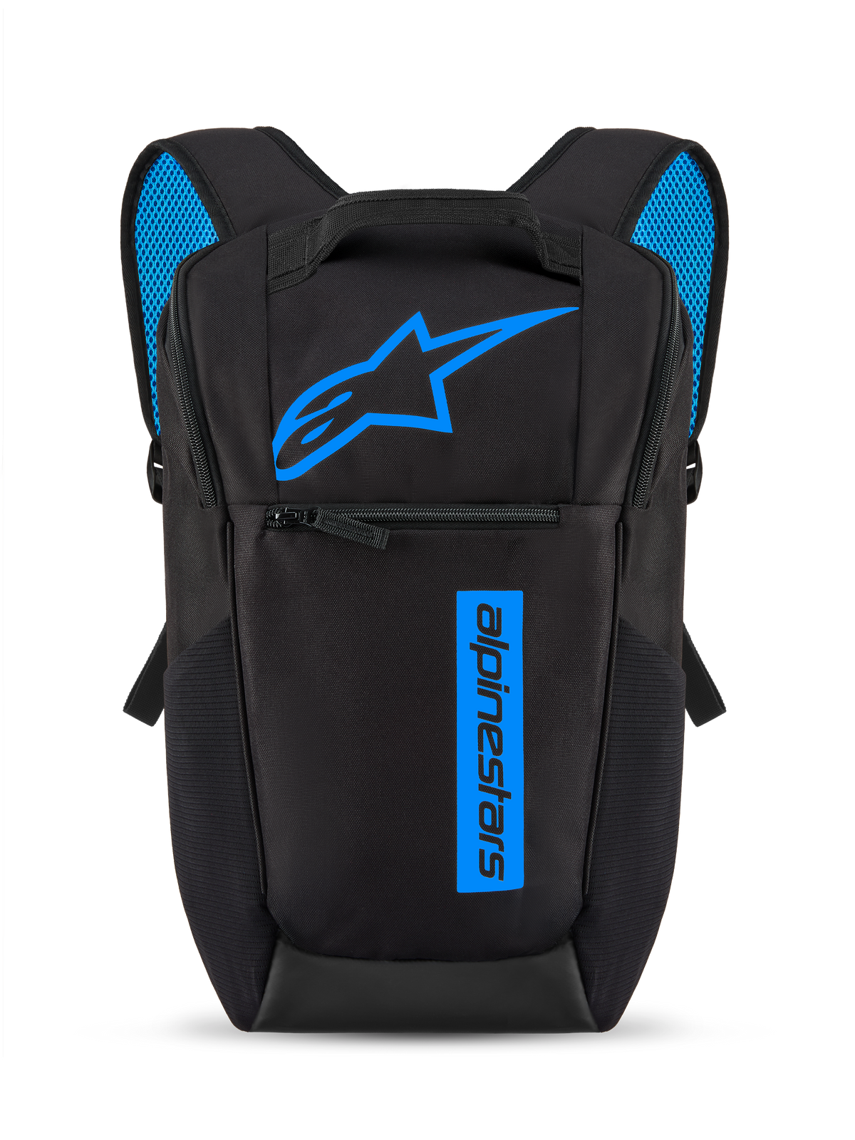 Alpinestars Defcon V3 Backpack, Black and Blue, small daily daypack with bright blue Astars logo and vertical branding, front zipper pocket, padded shoulder straps with blue air mesh, durable 600D polyester material