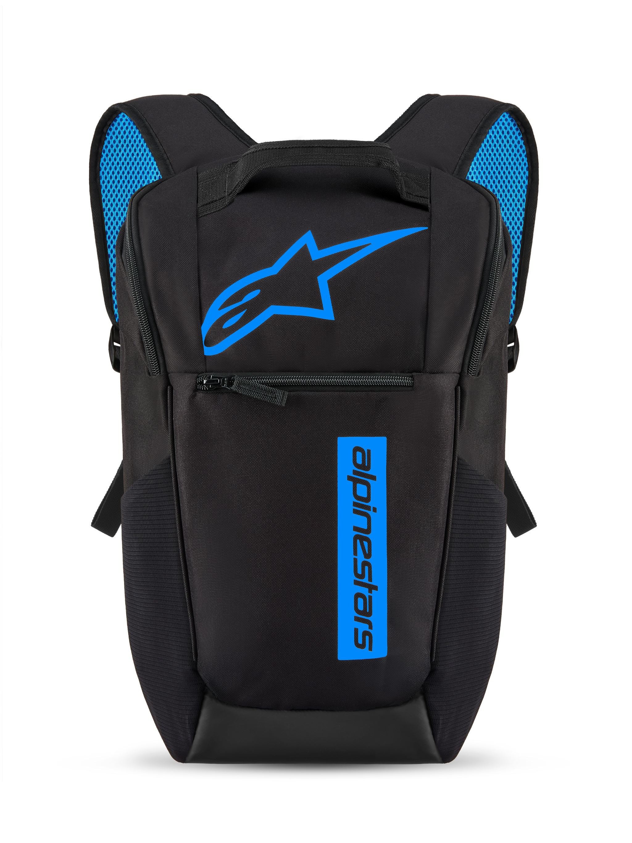 Mochila Alpinestars Defcon V3, negra y azul, mochila pequeña de uso diario con logotipo Astars azul brillante y marca vertical, bolsillo frontal con cremallera, correas acolchadas para los hombros con malla de aire azul, material de poliéster 600D duradero