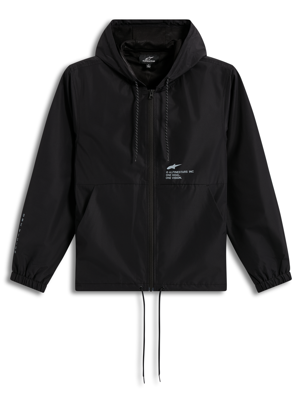 Alpinestars Speeder Resolve, cortavientos negro con capucha, chaqueta deportiva ligera con cremallera frontal y logotipo.